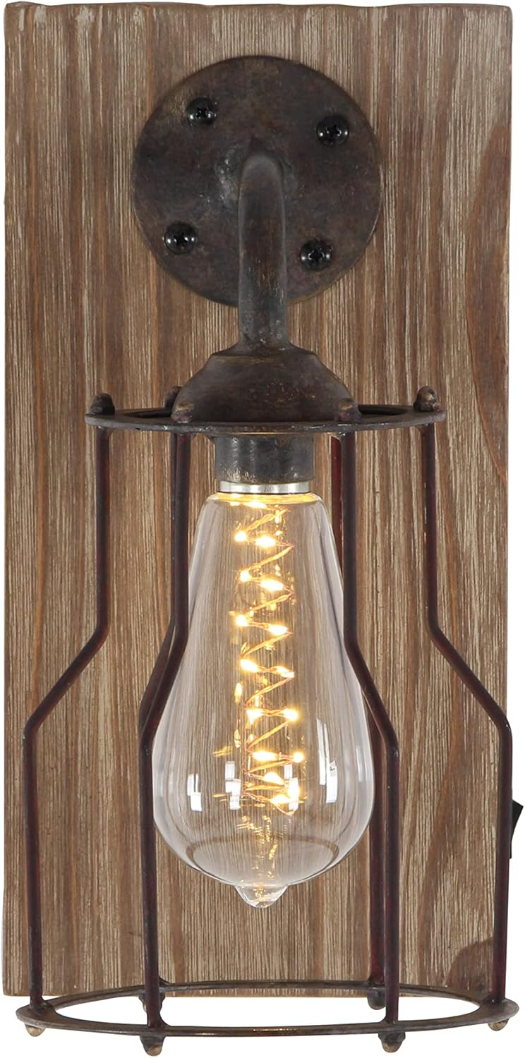 DecMode Industrial Metal Wall Sconce with Wood Backplate and Iron Cage, 6"W x 11"H Features Rustic Brown Finish