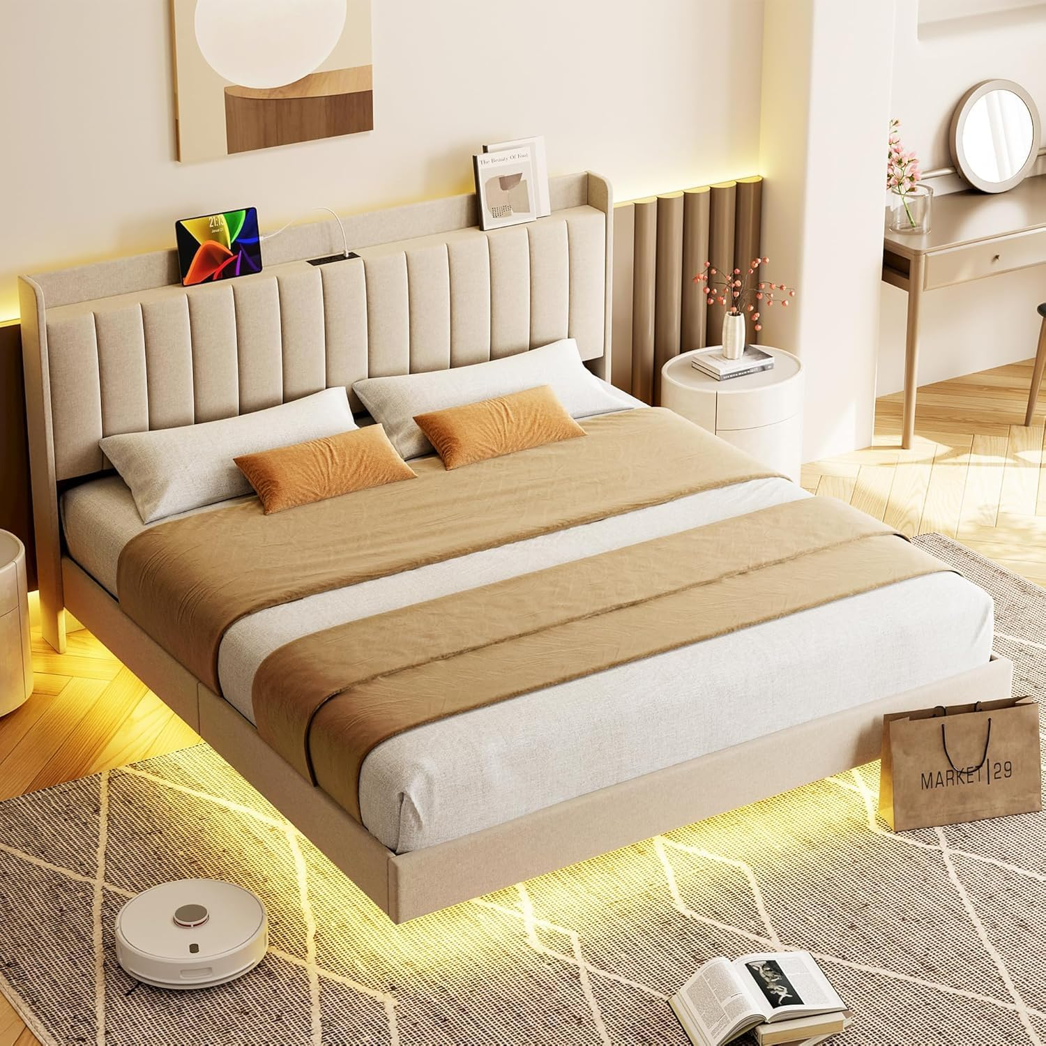 GarveeHome Queen Floating Bed Frame with Charging Station & Storage Headboard, Upholstered Platform Full Size Bed Frame with LED Lights, Solid Wood Slats, Beige