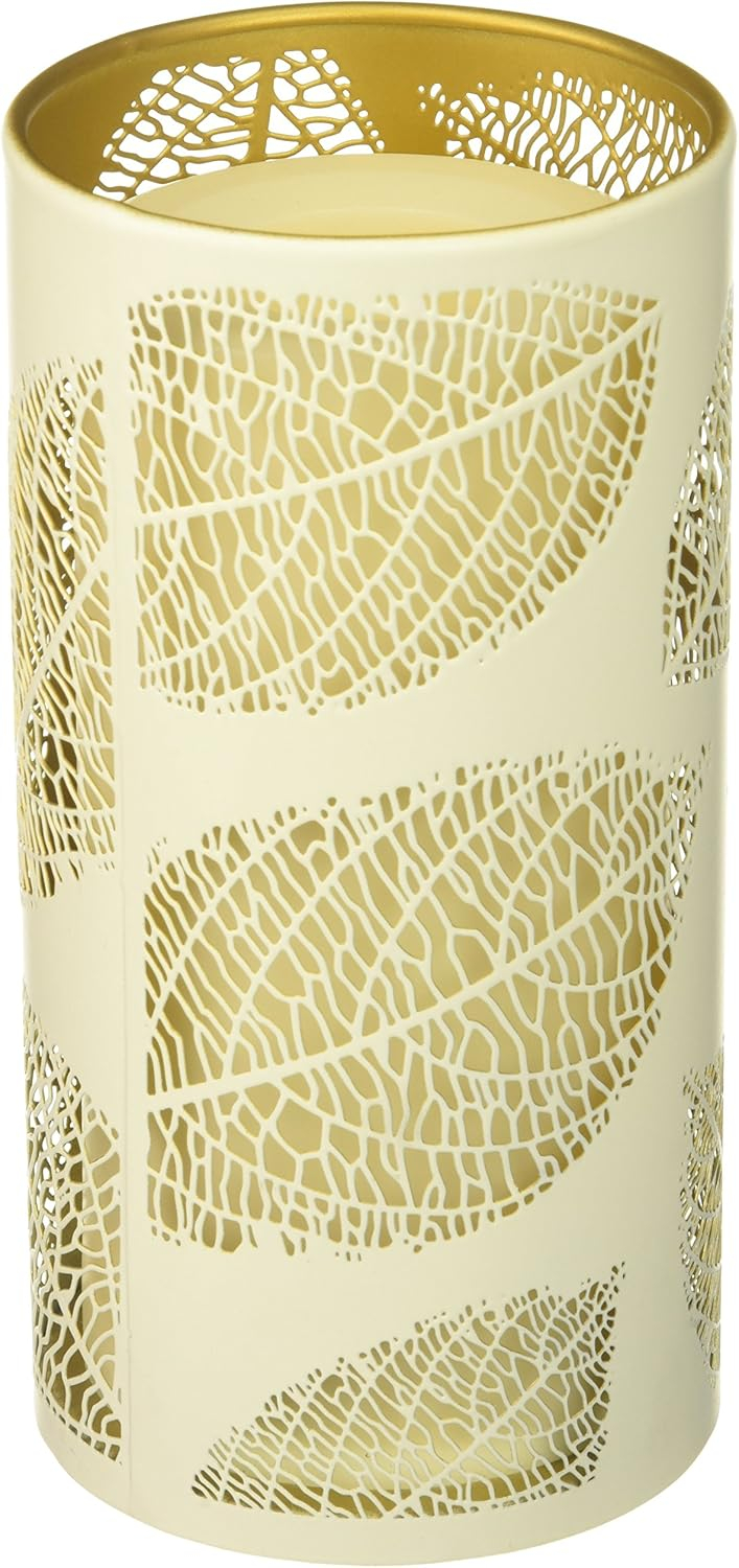Sterno Home CAT12001WH Laser Etched Leaf Design Metal Luminary, 3.5 7-Inch, White/Gold