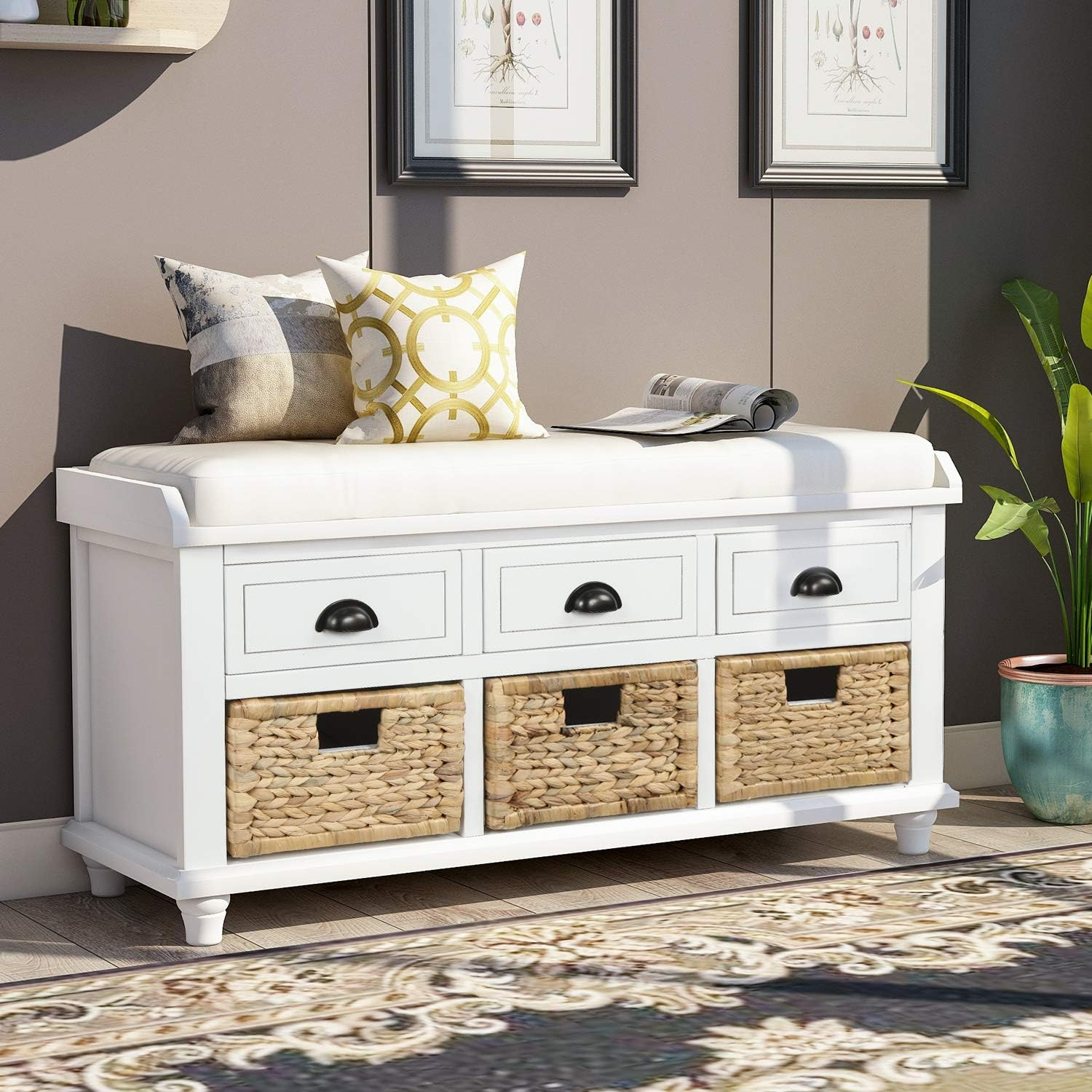 Harper & Bright Designs TREXM Rustic Storage Bench with 3 Drawers and 3 Rattan Baskets, Shoe Bench for Living Room, Entryway (White)