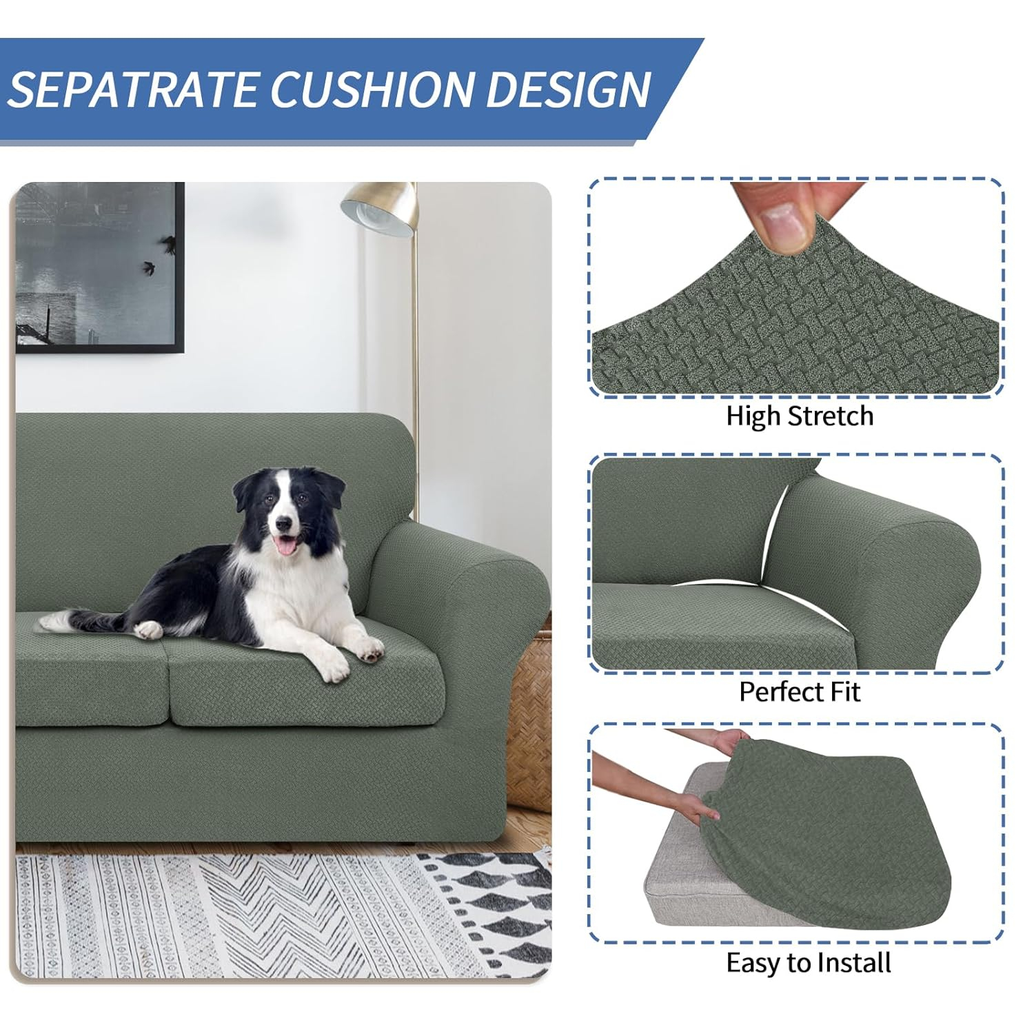 JIVINER 2 Pieces Armchair Covers for Living Room Stretch Chair Slipcovers with 1 Seat Cushion Covers Thick Fitted Couch Cover for Pet Dogs Furniture Protector (Chair, Light Blue)