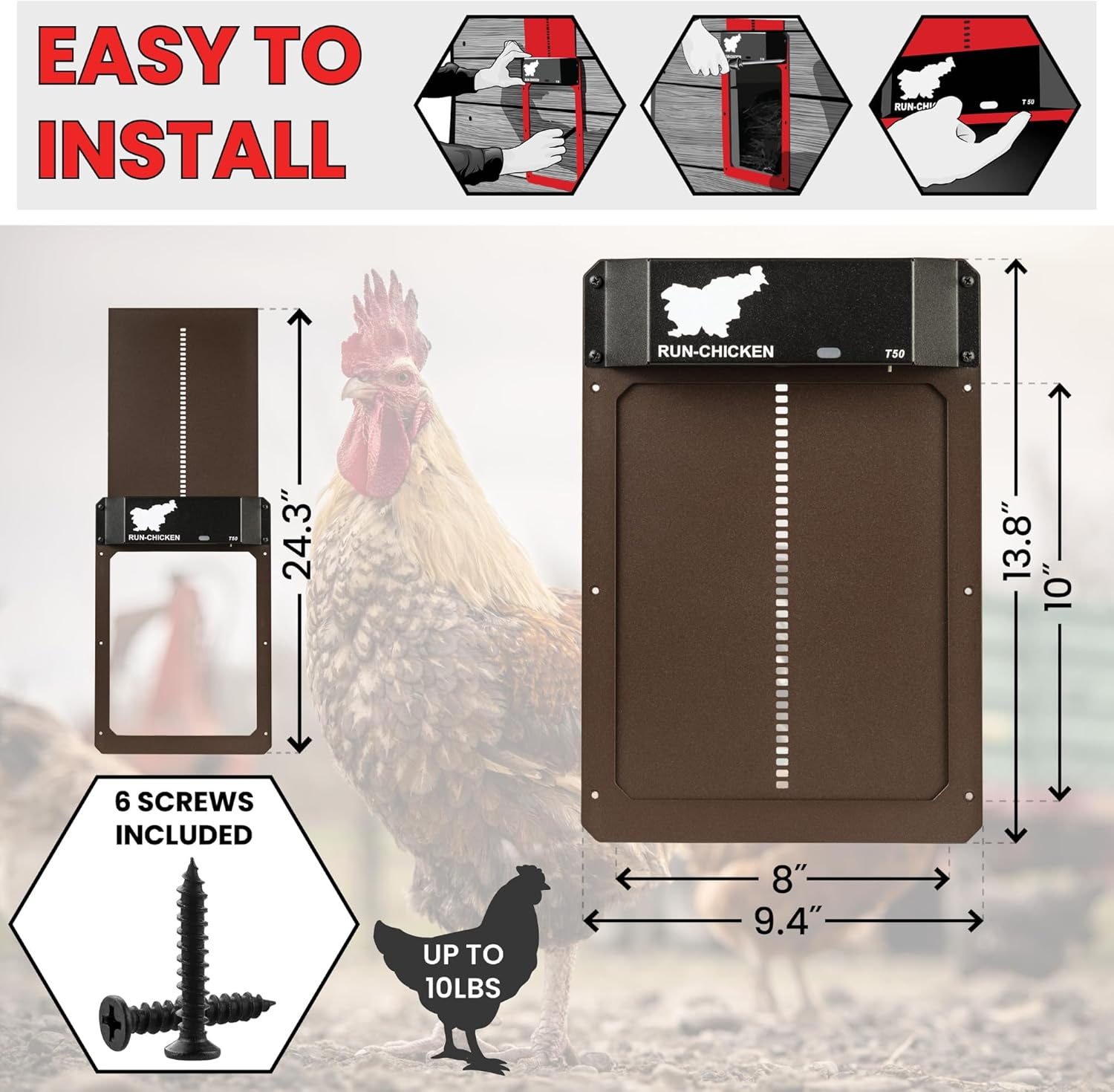 RUN-CHICKEN Door (Brown) Automatic Chicken Coop Door, Programmable with App, Battery Operated, Evening and Morning Delay, Aluminum Door, Electric Chicken Run Door, Model T50