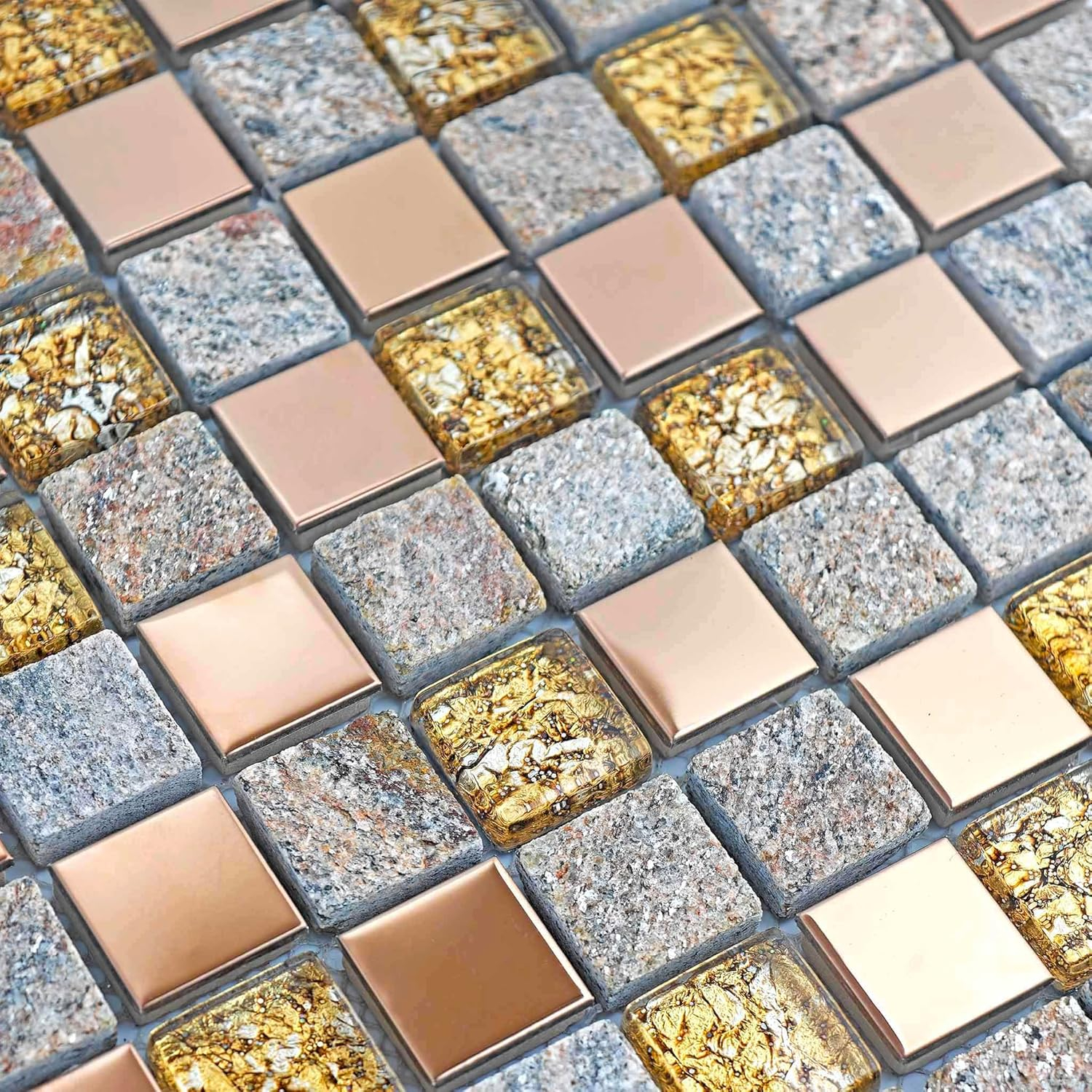 Luxury Glass Stone Tile Rose Gold Glitter Metal Mosaic Accent Backsplash Tiles in Kitchen Bathroom Walls and Fireplace Decor (5 Square Feet)