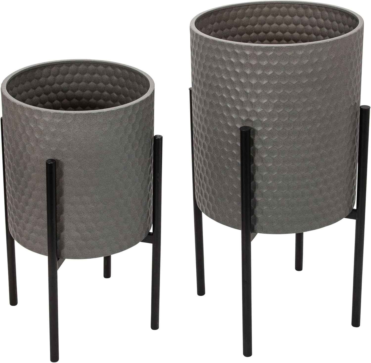 Sagebrook Home Set Of 2 Honeycomb Planter On Metal Stand, Gray/Black, Round, Iron, Contemporary, 23"H, Hexagon