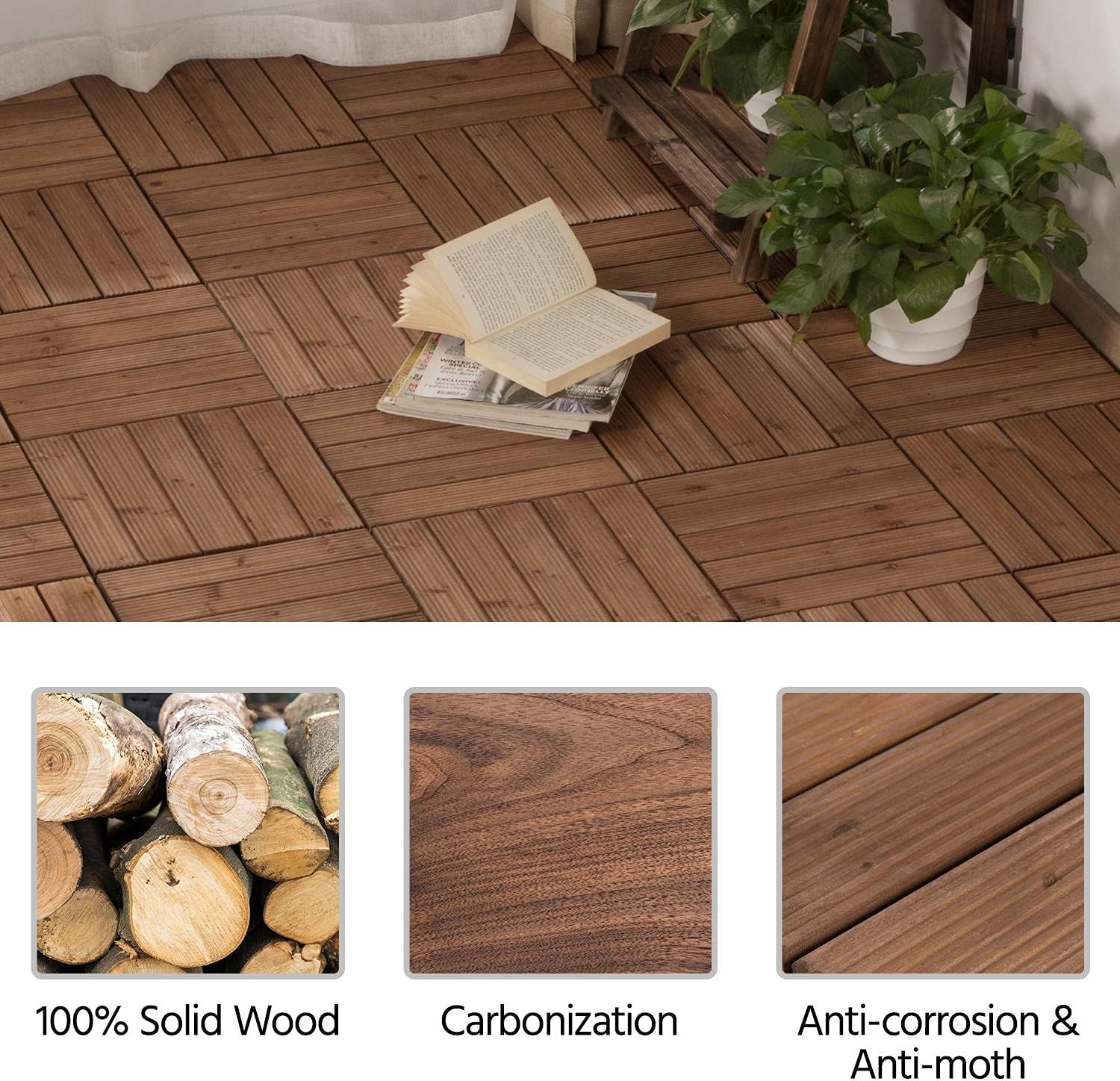 Yaheetech Pack of 27 Fir Wood Flooring Tiles Wood Plastic Interlocking Flooring Tiles Waterproof and Non-Slip, 12''x 12'', Brown