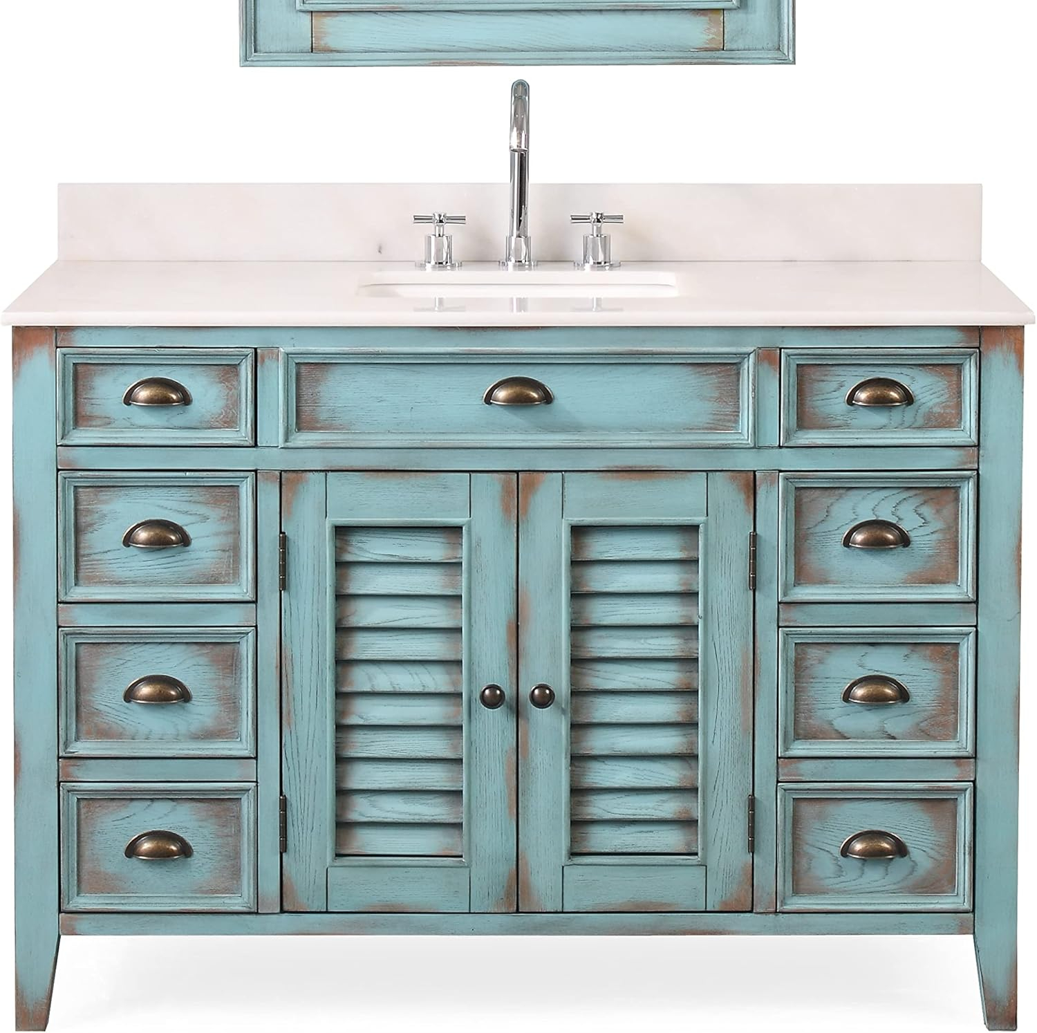 46 Inch Abbeville Distressed Blue Finish Cottage Plantation Style Bathroom Vanity with White Marble Stone Top, 4 Functional Drawers, Undermount Sink, Hardware Included