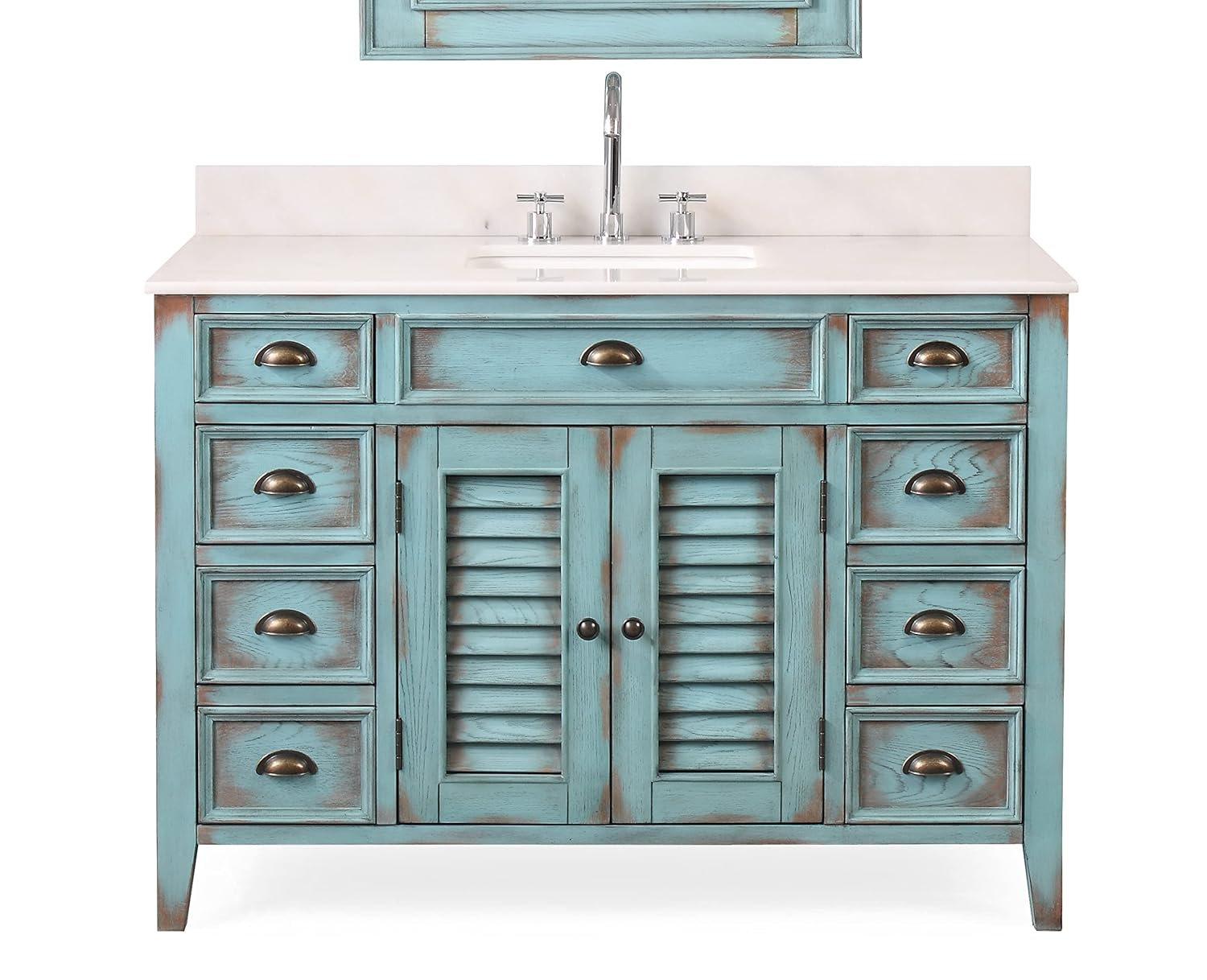 46 Inch Abbeville Distressed Blue Finish Cottage Plantation Style Bathroom Vanity with White Marble Stone Top, 4 Functional Drawers, Undermount Sink, Hardware Included