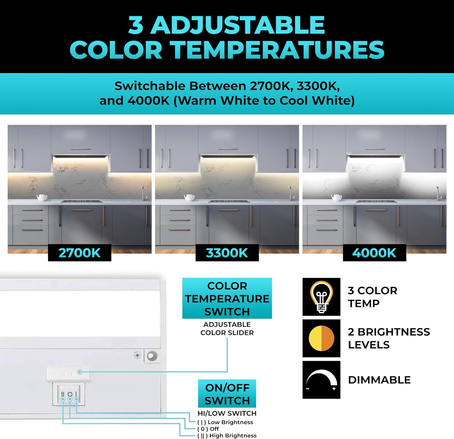 LED Under Cabinet Lighting Hardwired - Linkable Undercabinet Lights for Kitchen - 3CCT 9 Inch White Finish - Undercounter Dimmable Plug in Light or Hard Wired - Under Counter Fixture Direct Wire