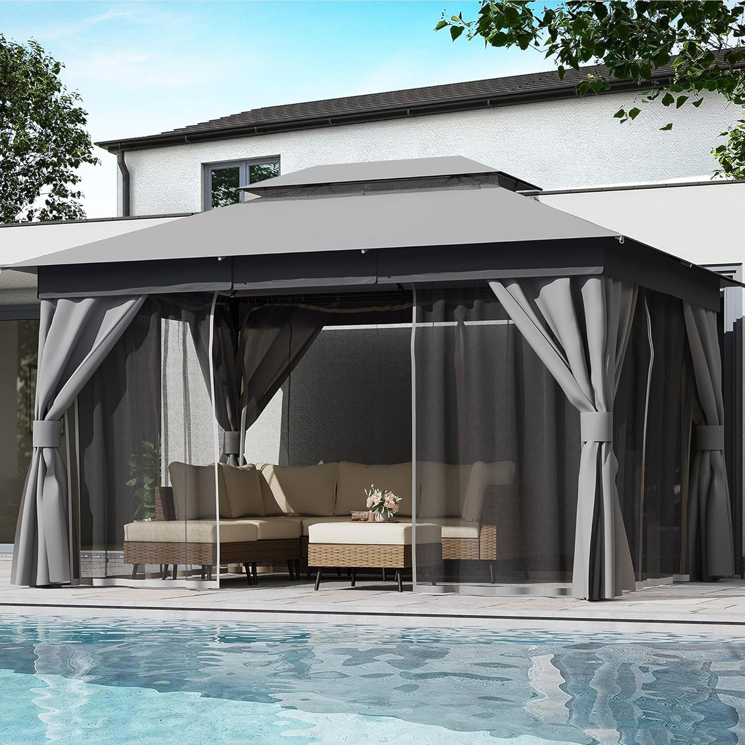 LAUSAINT HOME 10'x13' Patio Gazebo, Double Roof Outdoor Shelter Tent with Mosquito Nettings and Privacy Screens, Gray