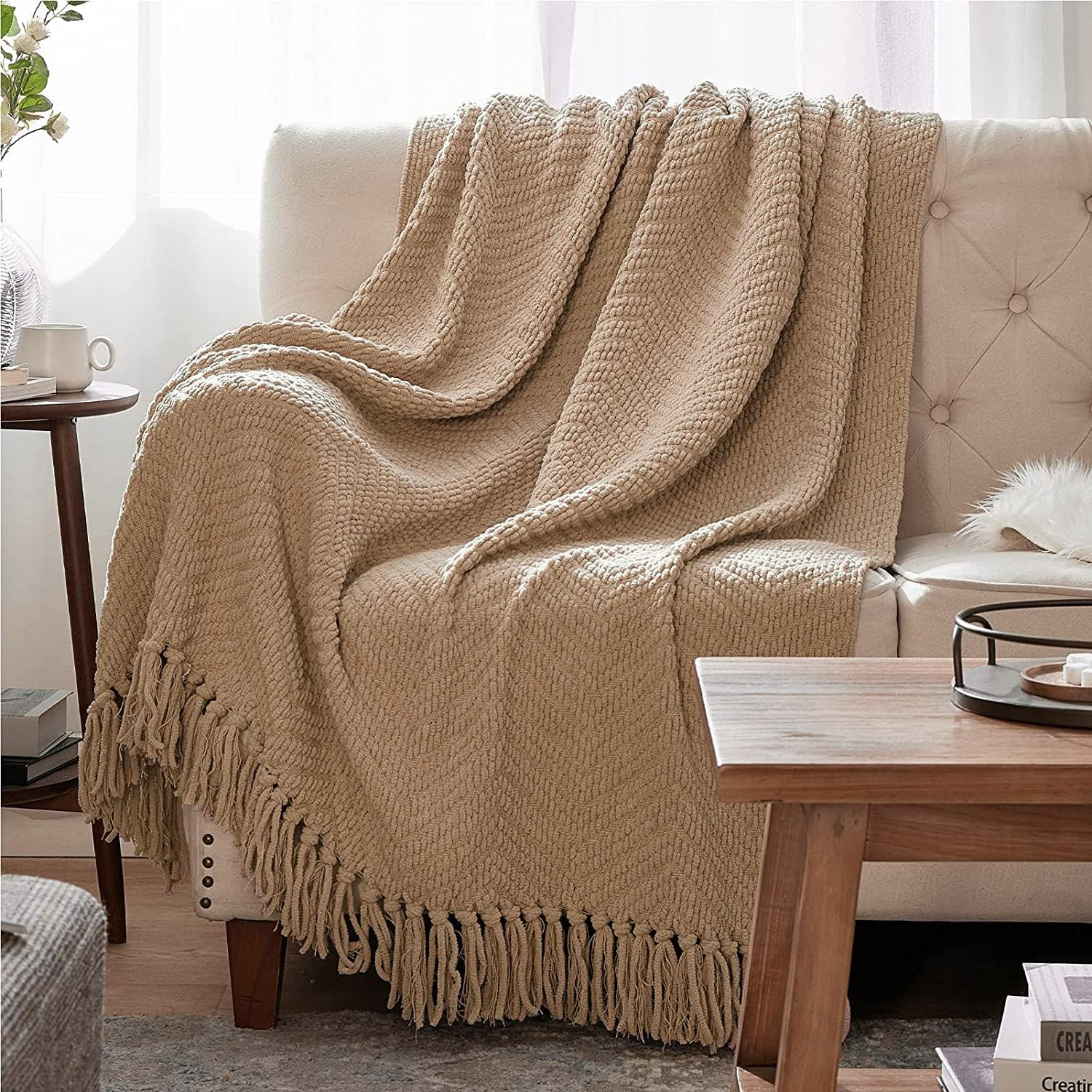 Bedsure Throw Blankets for Couch - Textured Chunky Knit Woven Chenille Blanket - Super Soft, Warm Decorative Boho Throw with Tassels for Bed, Sofa and Living Room Decor, Khaki, 50x60 Inches