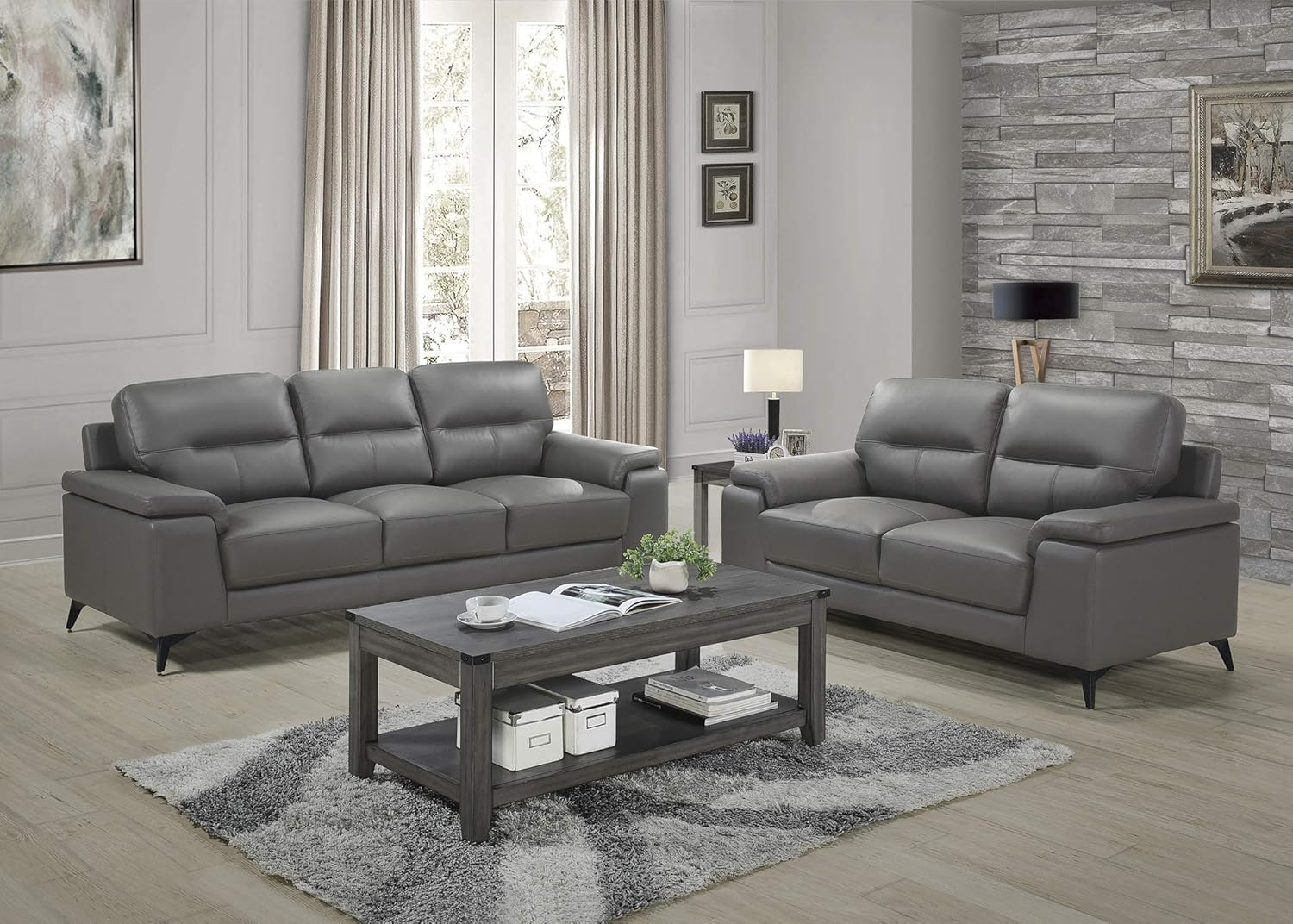 Lexicon Mischa Leather Match Loveseat in Dark Gray