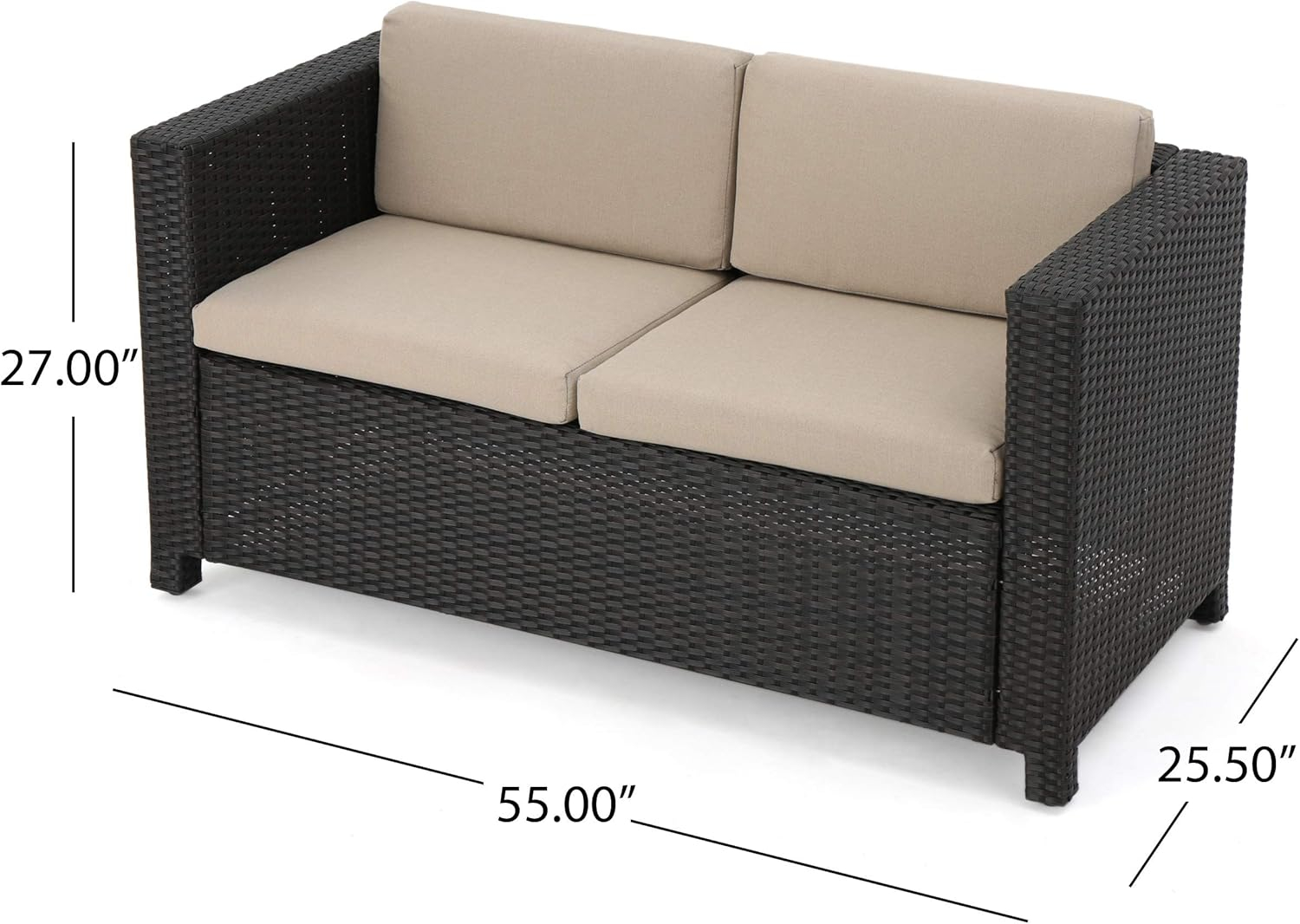 Lorelei Outdoor Wicker Loveseat with Cushions, Dark Brown and Beige