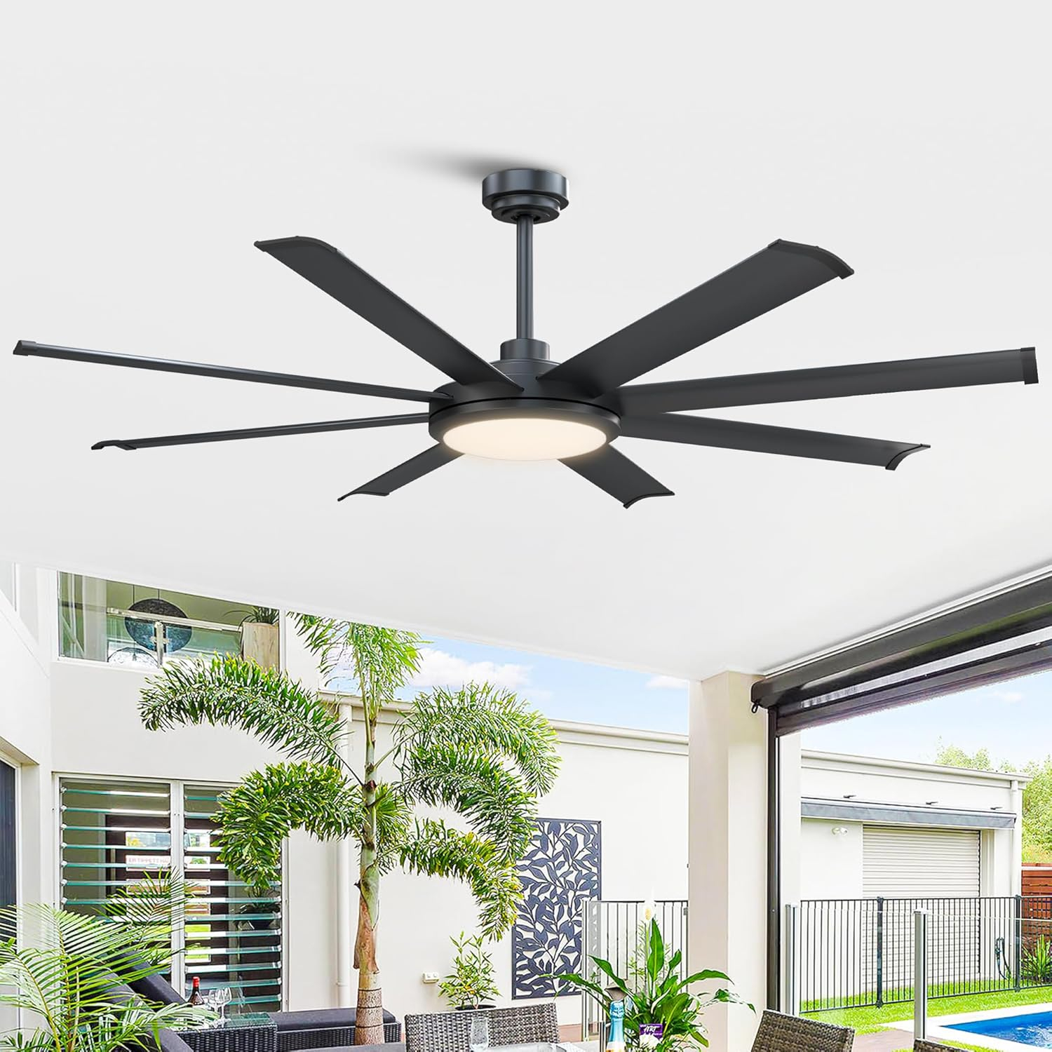 Ceiling Fans with Lights and Remote, 60 Inch Black Large Ceiling Fan for Bedroom Living Room, Modern Flush Outdoor Ceiling Fans LED Lighting, DC Motor Reversible 8 Blades, Ventilador de Techo con Luz