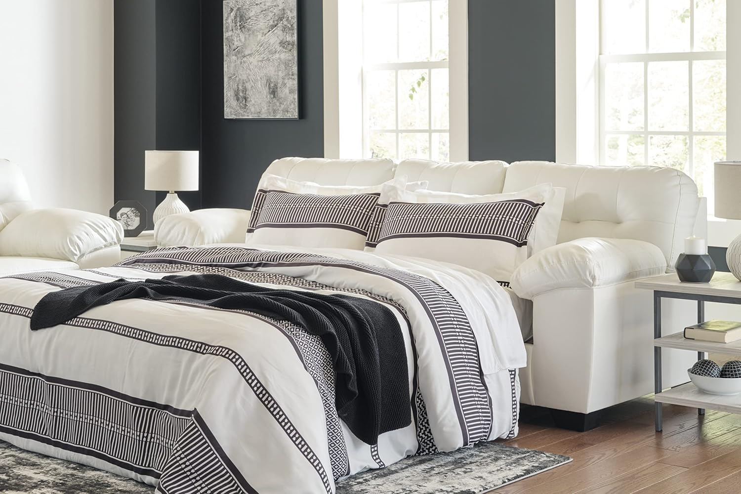 Contemporary White Faux Leather Tufted Queen Sleeper Sofa