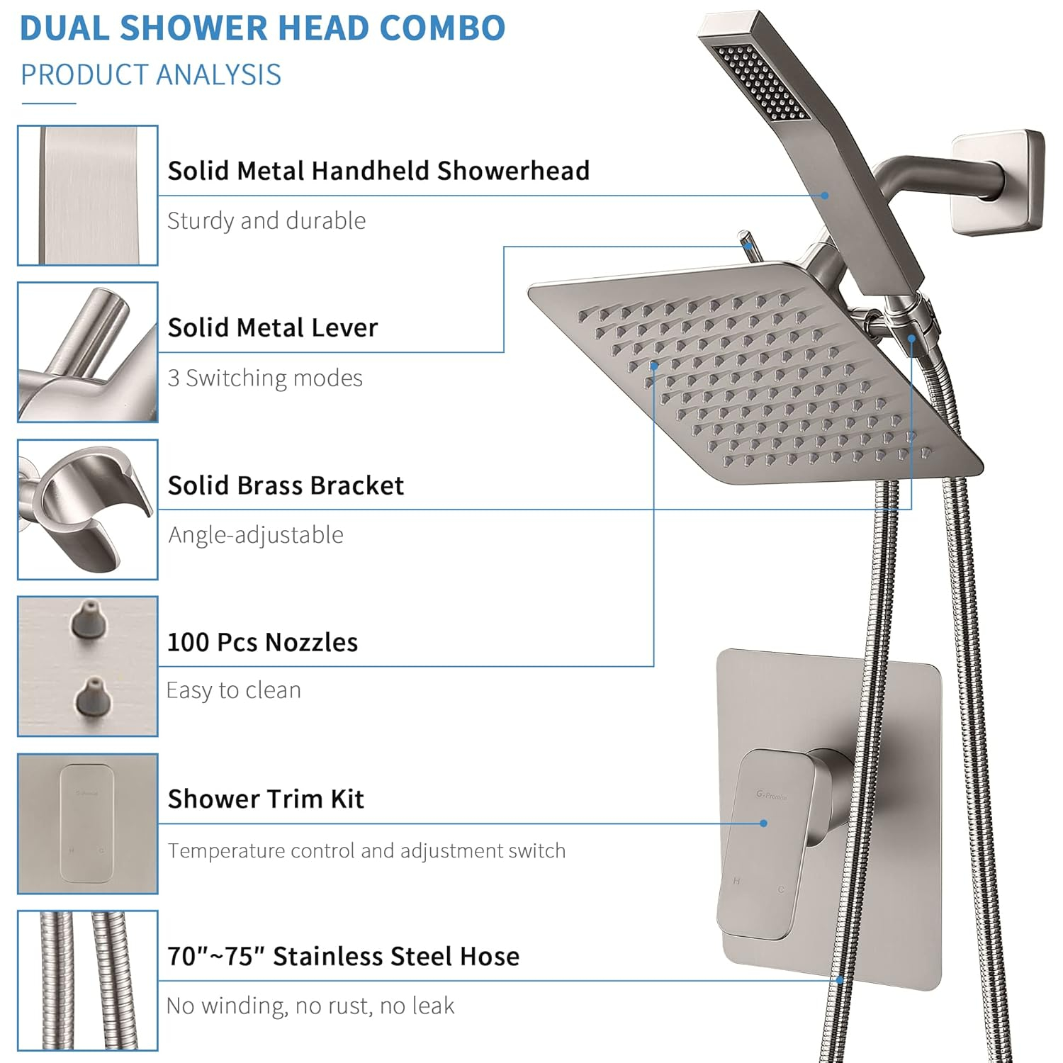 All Metal Shower Faucet Set, Dual Square Shower Head System with Handheld Wand & Rainfall Showerhead, Diverter, Hose Complete Combo, Pressure Balance Rough-in Valve Included