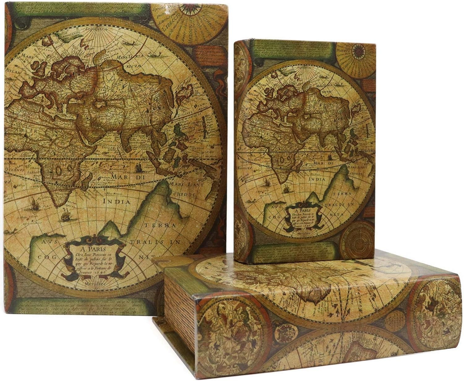 Jolitac Decorative Book Boxes World Map Pattern Antique Book Invisible box with Magnetic cover, Faux Wood Set of 3 Storage Set (Map)
