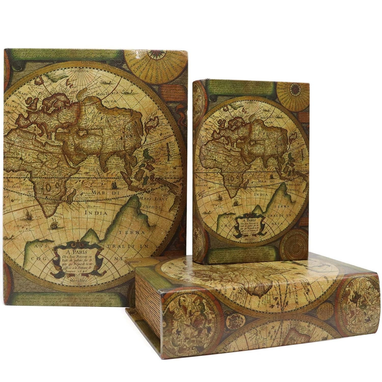 Jolitac Decorative Book Boxes World Map Pattern Antique Book Invisible box with Magnetic cover, Faux Wood Set of 3 Storage Set (Map)
