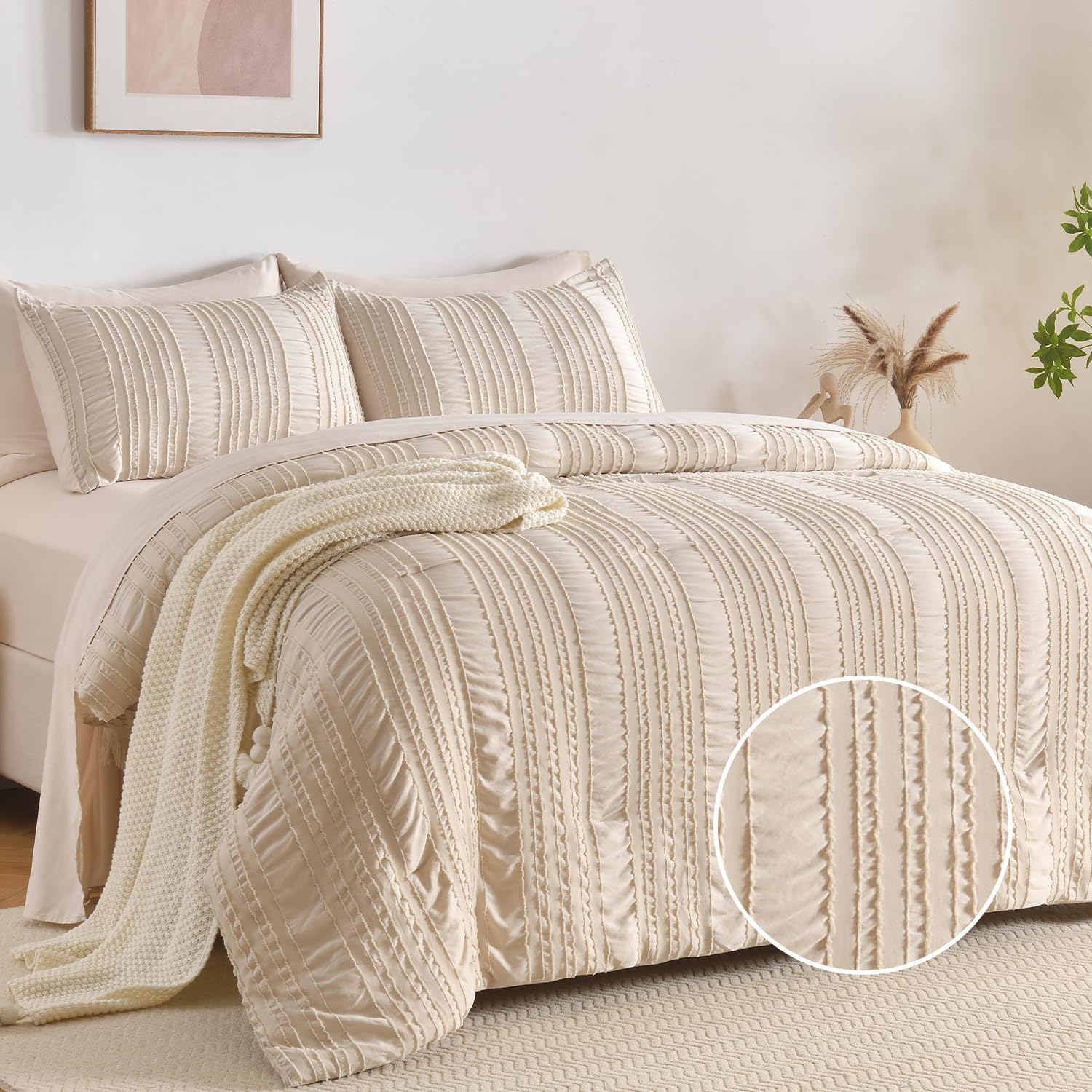 Beige Tufted Comforter Set Queen Size 7 Piece Bed in a Bag，Shabby Chic Boho Bedding for Bedroom Comforter，All Season Soft Microfiber Ruffle Comforter Set with Pillow and Sheets