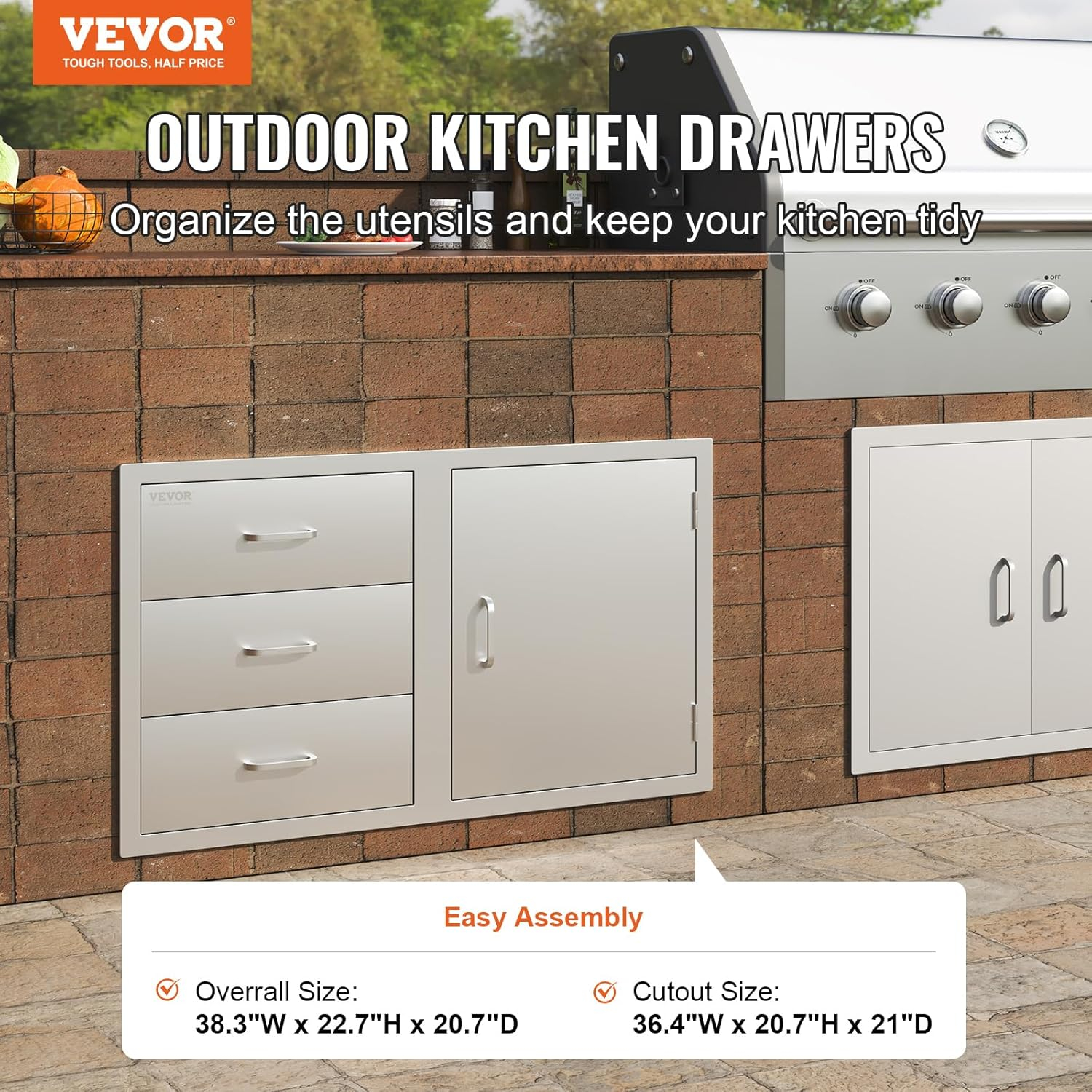 Outdoor Kitchen Drawers Stainless Steel BBQ Access Drawers with Handle 38.1 in. W x 22.6 in. H x 20.8 in. D