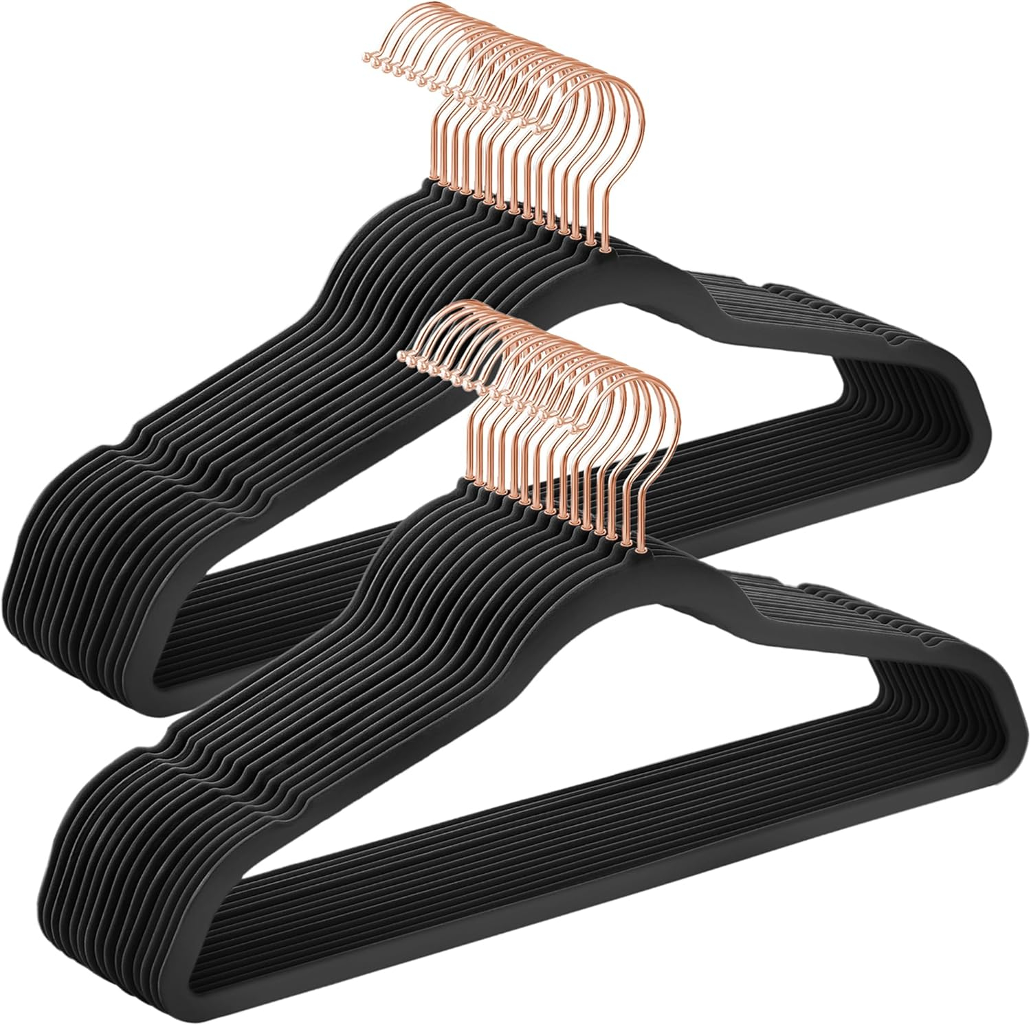 SONGMICS Velvet Hangers 50 Pack, Non-Slip with Rose Gold-Colored Swivel Hooks, Slim Space-Saving for Closet, Heavy-Duty, Black UCRF026B50