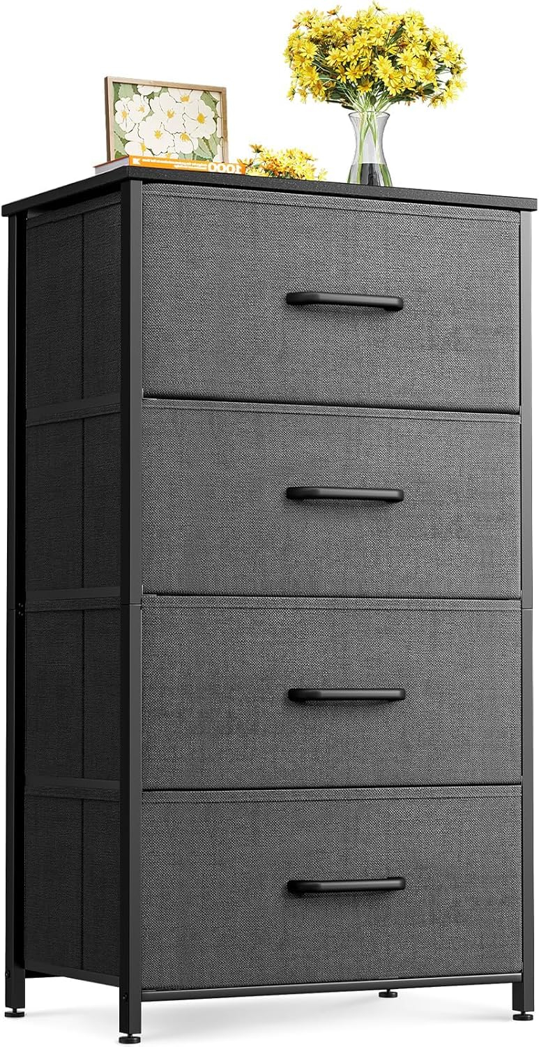 ODK Dresser for Bedroom with 4 Storage Drawers, Small Dresser Chest of Fabric Drawers with Sturdy Steel Frame, Wood Top, Dark Grey