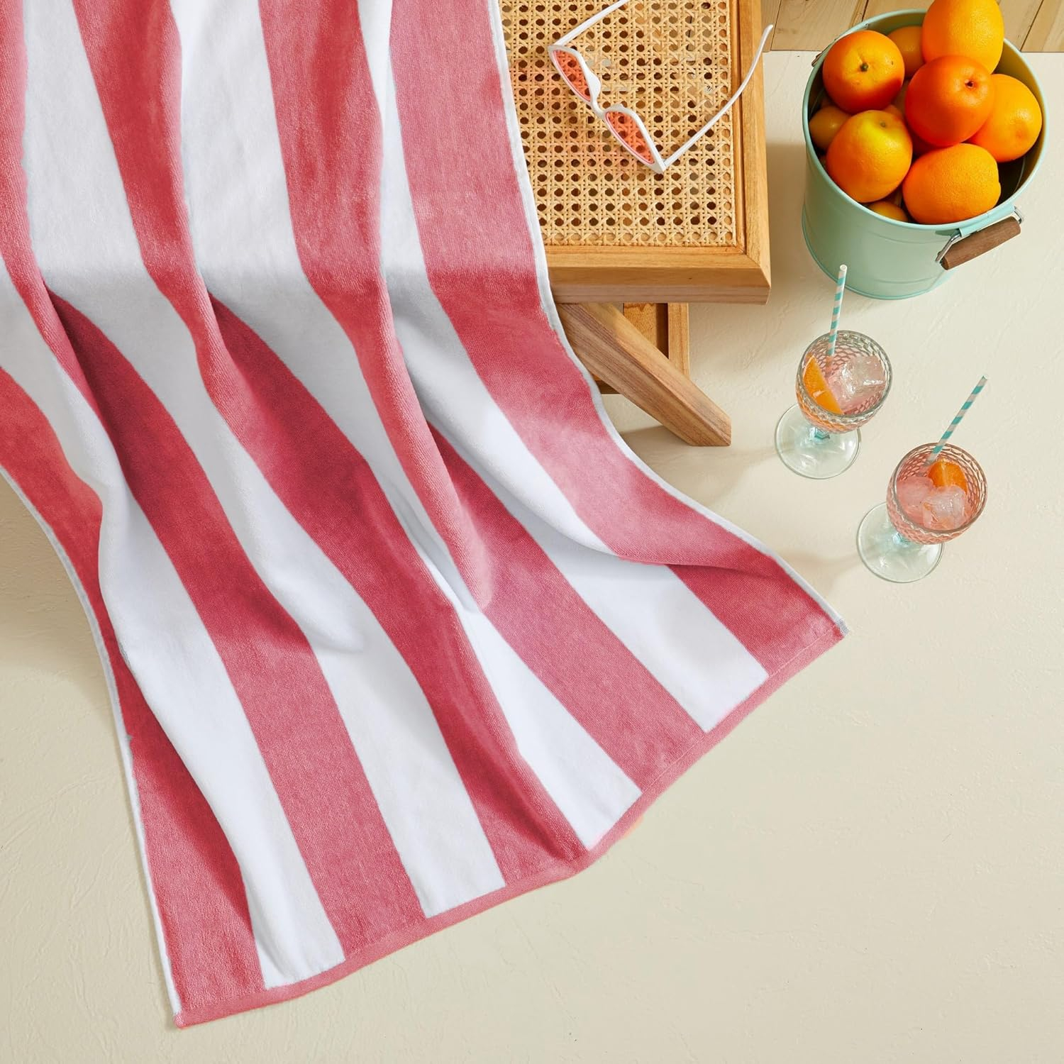 100% Cotton Velour Cabana Stripe Beach Towel Set 30" x 60" - Ultra Soft, Plush, & Highly Absorbent Towels for Pool, Beach, & Swimming. Marina Collection (4-Pack, Rose)