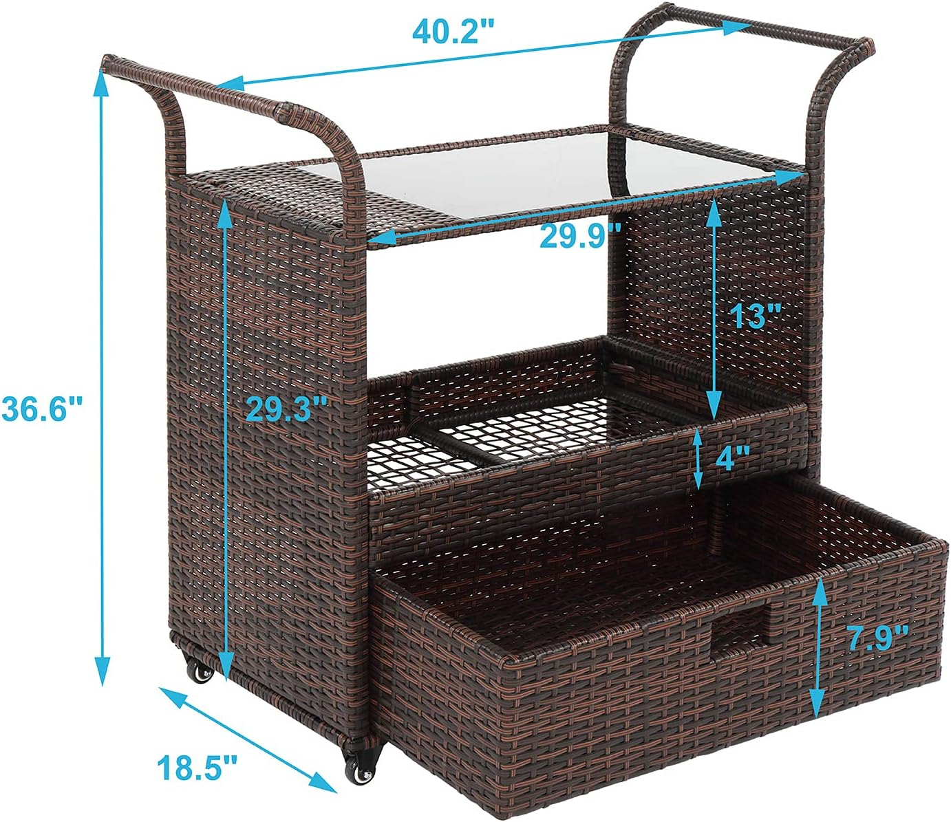 Outvita Outdoor Rolling Wicker Bar Cart, Rolling Rattan Beverage Bar Counter Table with Ample Storage Basket, Drawer and Loakable Wheels Glass Top for Patio Poolside Party