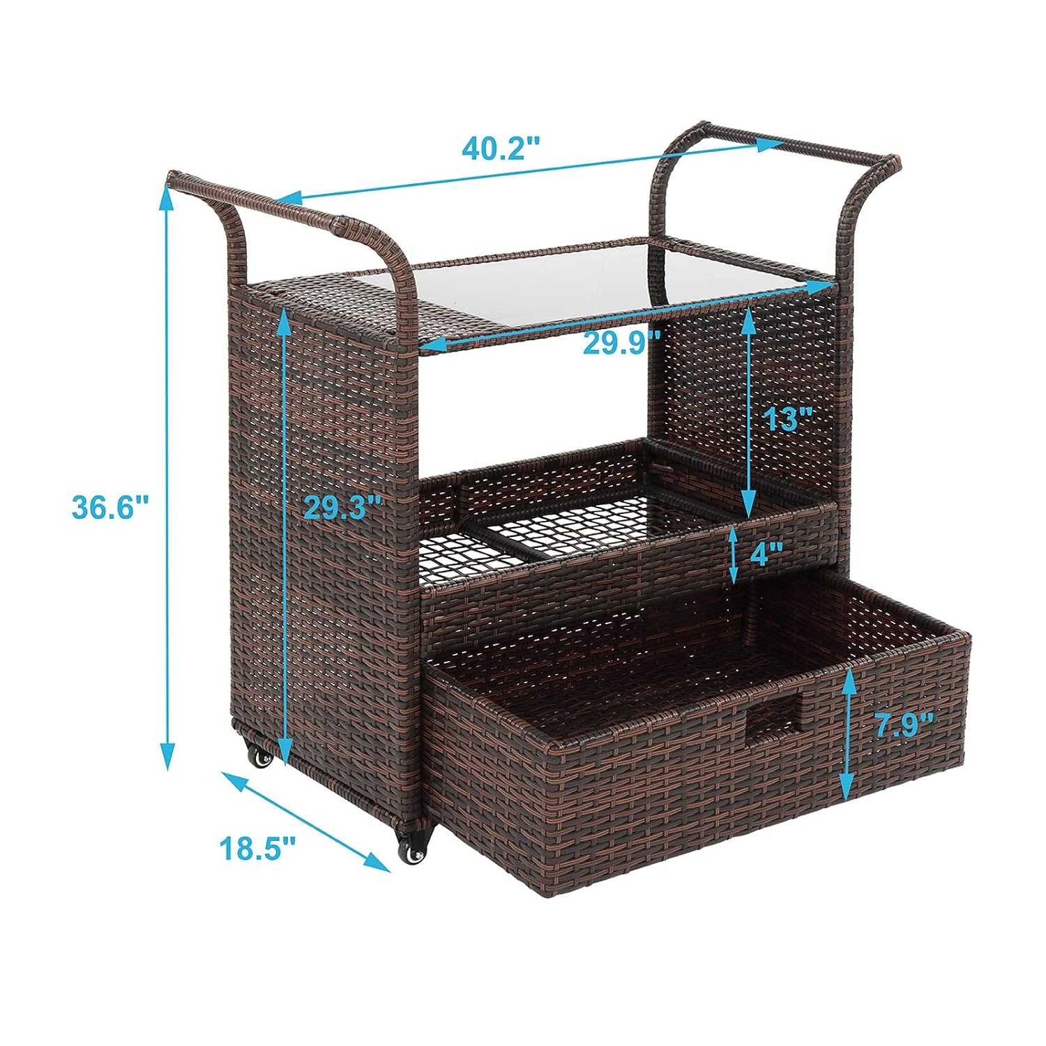 Outvita Outdoor Rolling Wicker Bar Cart, Rolling Rattan Beverage Bar Counter Table with Ample Storage Basket, Drawer and Loakable Wheels Glass Top for Patio Poolside Party