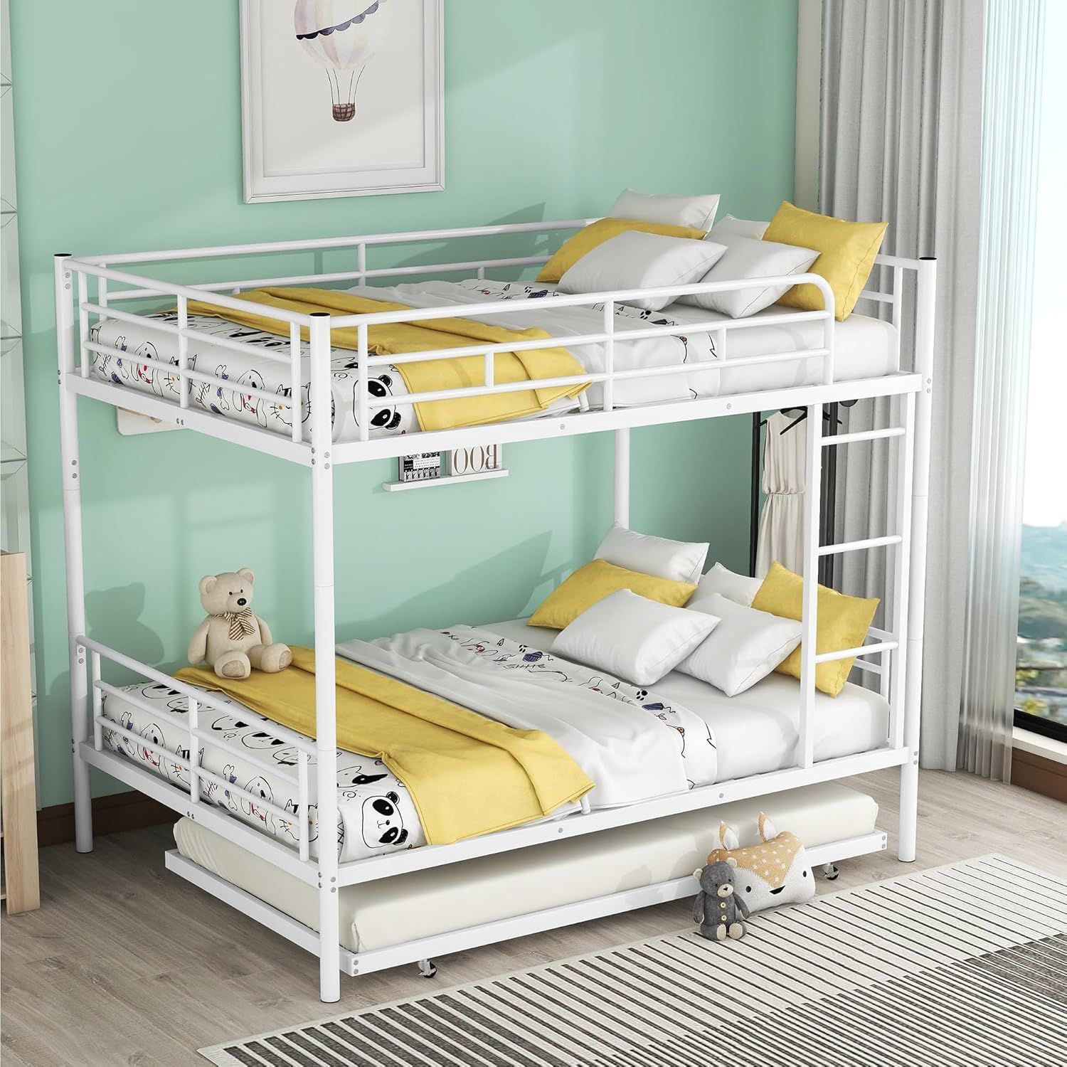 Harper & Bright Designs Full Over Full Metal Bunk Bed with Trundle, Ladder & High Guardrail, Able to Split, Noise Free, Heavy-Duty Steel Loft Bed Frame with Safety Rail for Bedroom, Dorm (White)