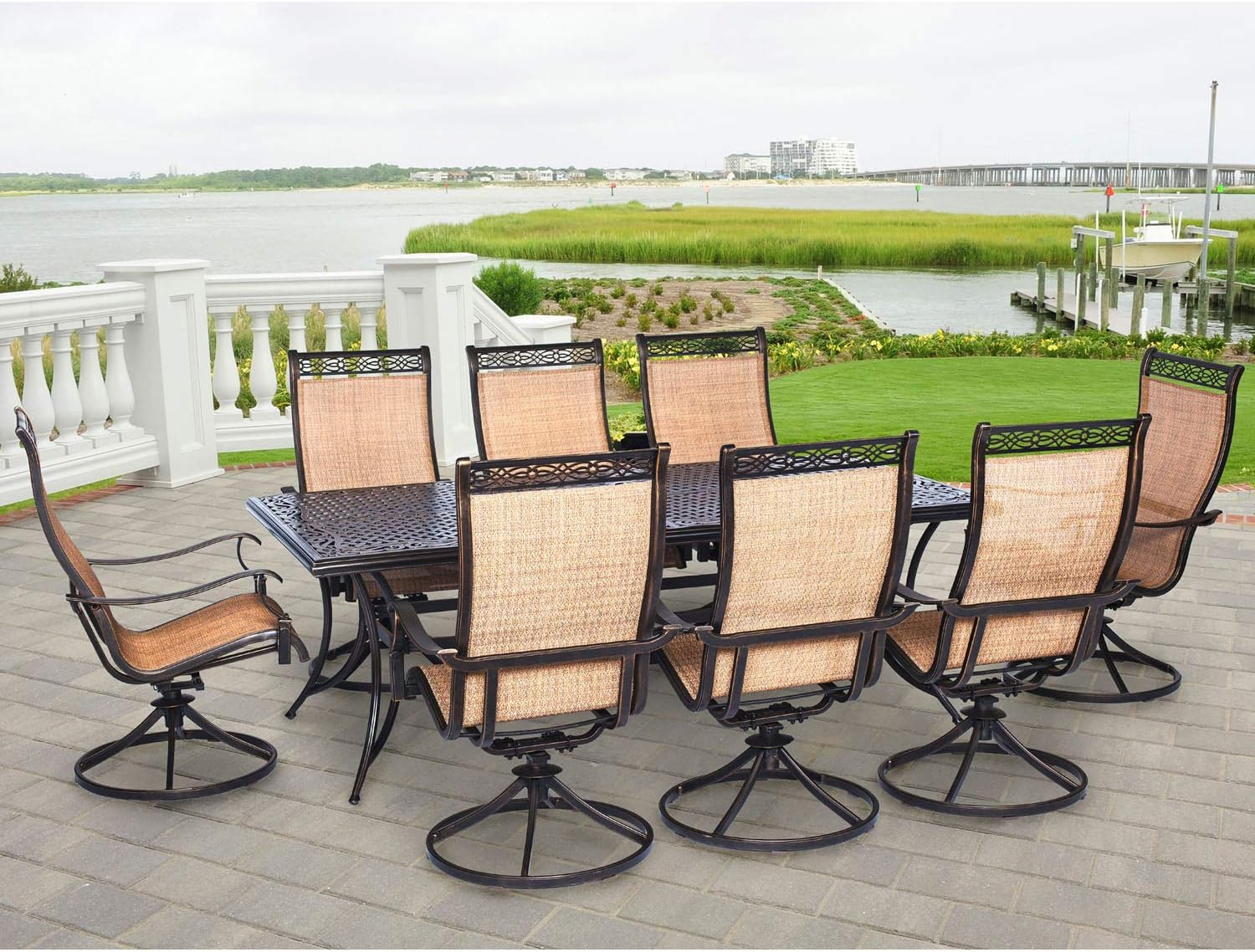 Hanover Outdoor Manor 9-Piece Outdoor Dining Set with 8 Swivel Rockers, Cedar/Bronze