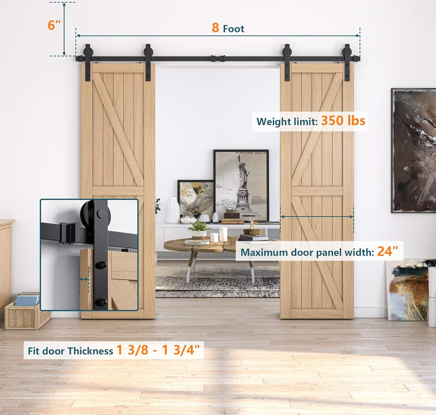 8ft Heavy Duty Sturdy Sliding Barn Door Hardware Kit, Double Door-Smoothly and Quietly, Easy to Install and Reusable - Fit 1 3/8-1 3/4" Thickness & 24" Wide Door Panel, Black(I Shape Hanger)