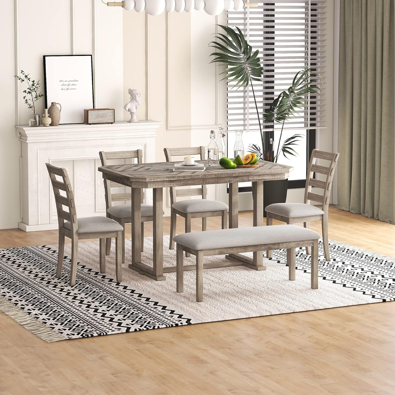 Bellemave Dining Table Set for 6, Rectangular Dining Table with Upholstered Chairs and Bench, 6-Piece Table Set for Dining Room and Kitchen, Retro Dining Room Table Set with Bench, 4 Chairs