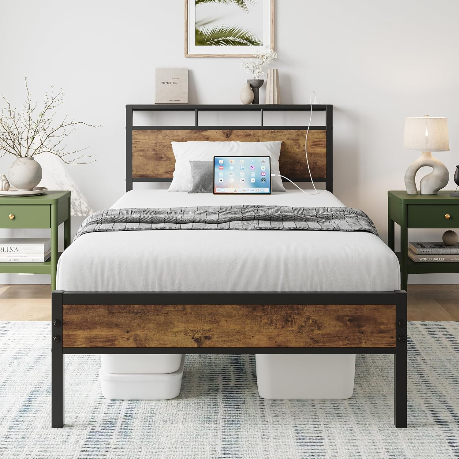 Bellemave Modern Industrial Full Platform Bed with Storage Headboard and USB Ports Black Metal Bed Frame with Charging Station and Metal Slats, Noise-Free, No Box Spring Needed, Full Size