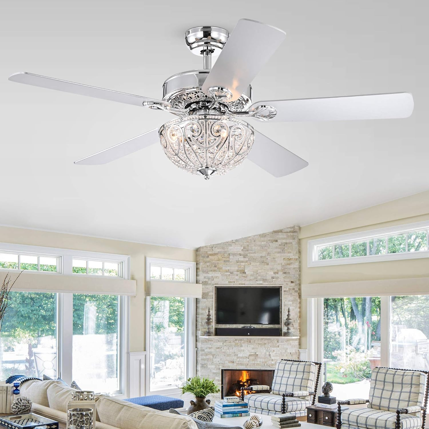 Matte Gold and Silver 30" Ceiling Fan with Crystal Chandelier