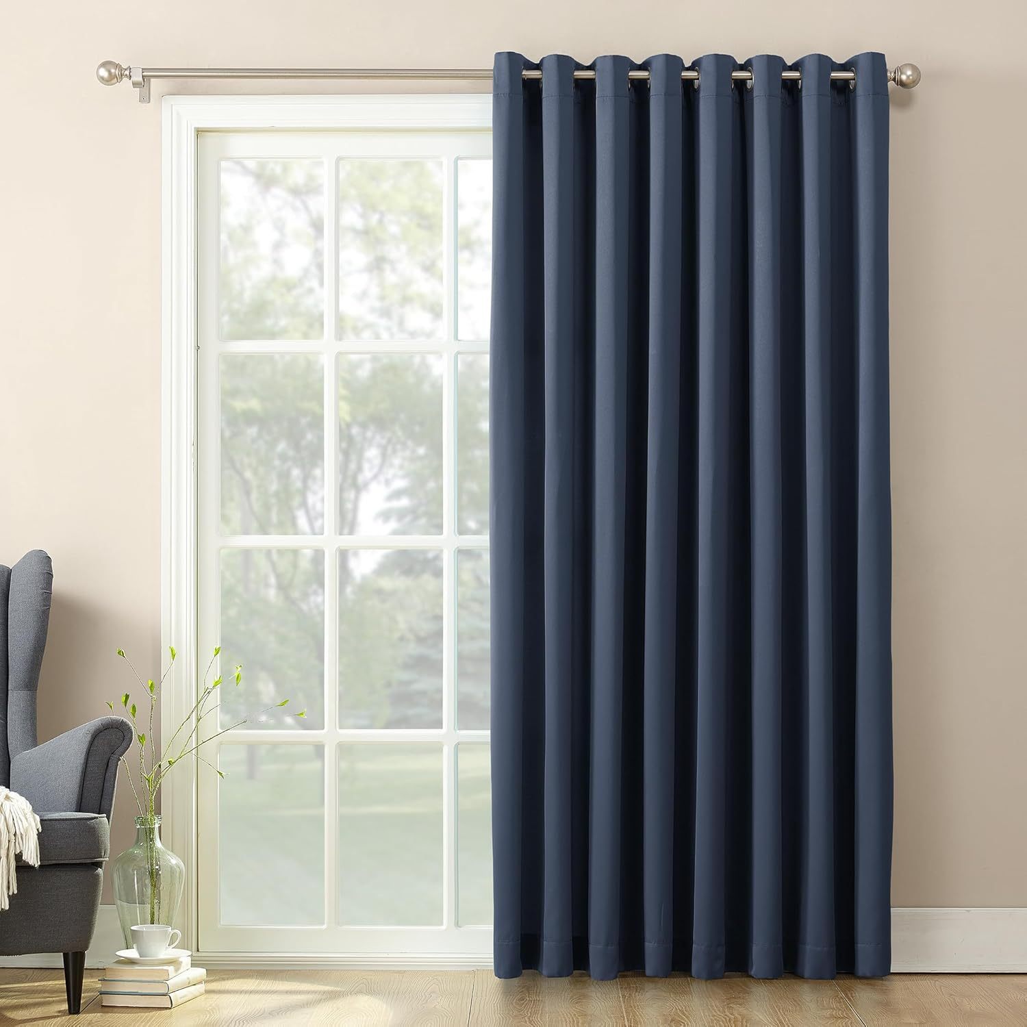 Sun Zero Bartlett Grommet Room Darkening Extra Wide Patio Curtain Panel, 100"X84", Navy Blue