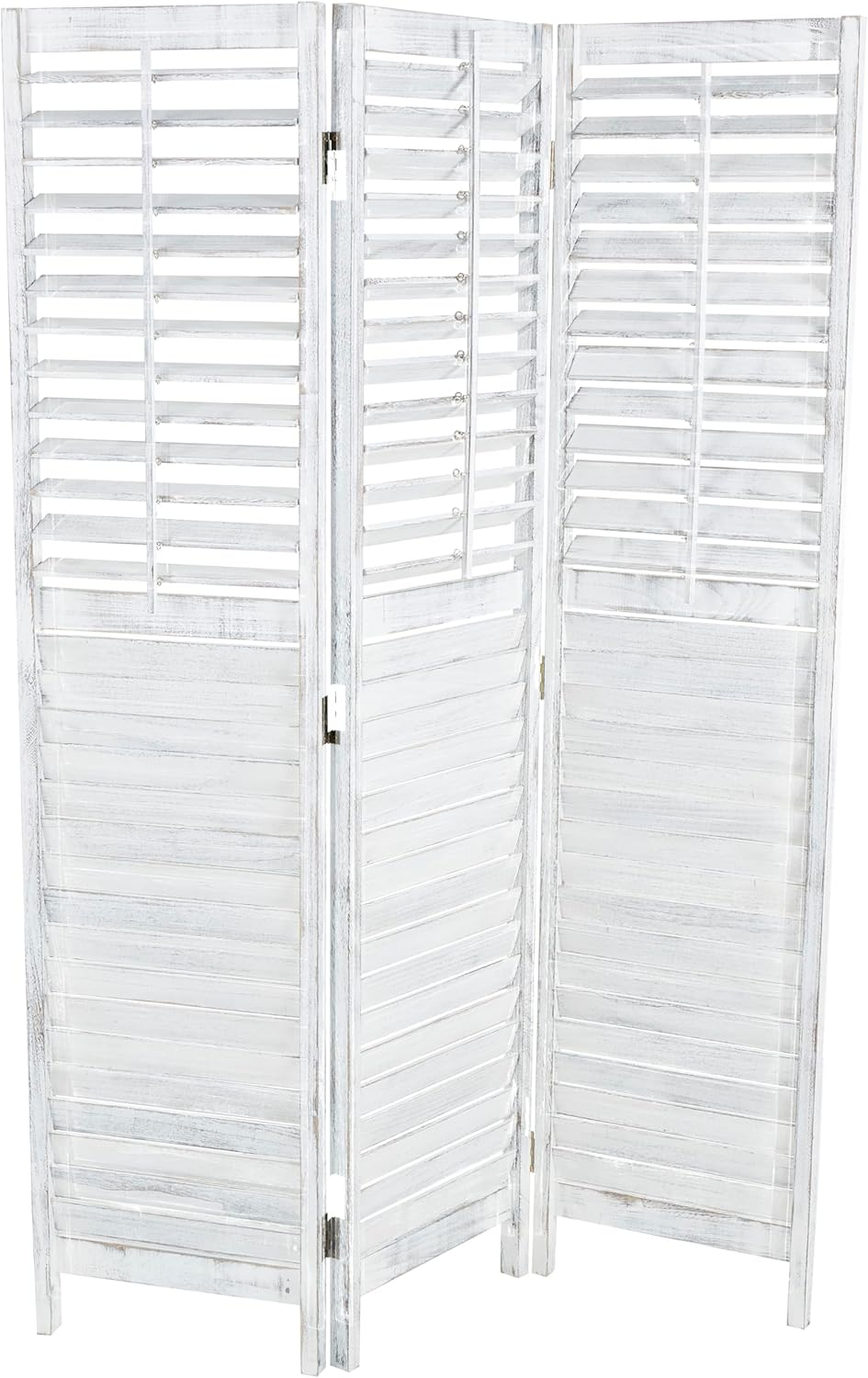Deco 79 Wood Partition Room Divider Screen Washed Shutter Top 3 Panel Privacy Screen with Gray Distressing, Room Partition 47" x 1" x 67", White