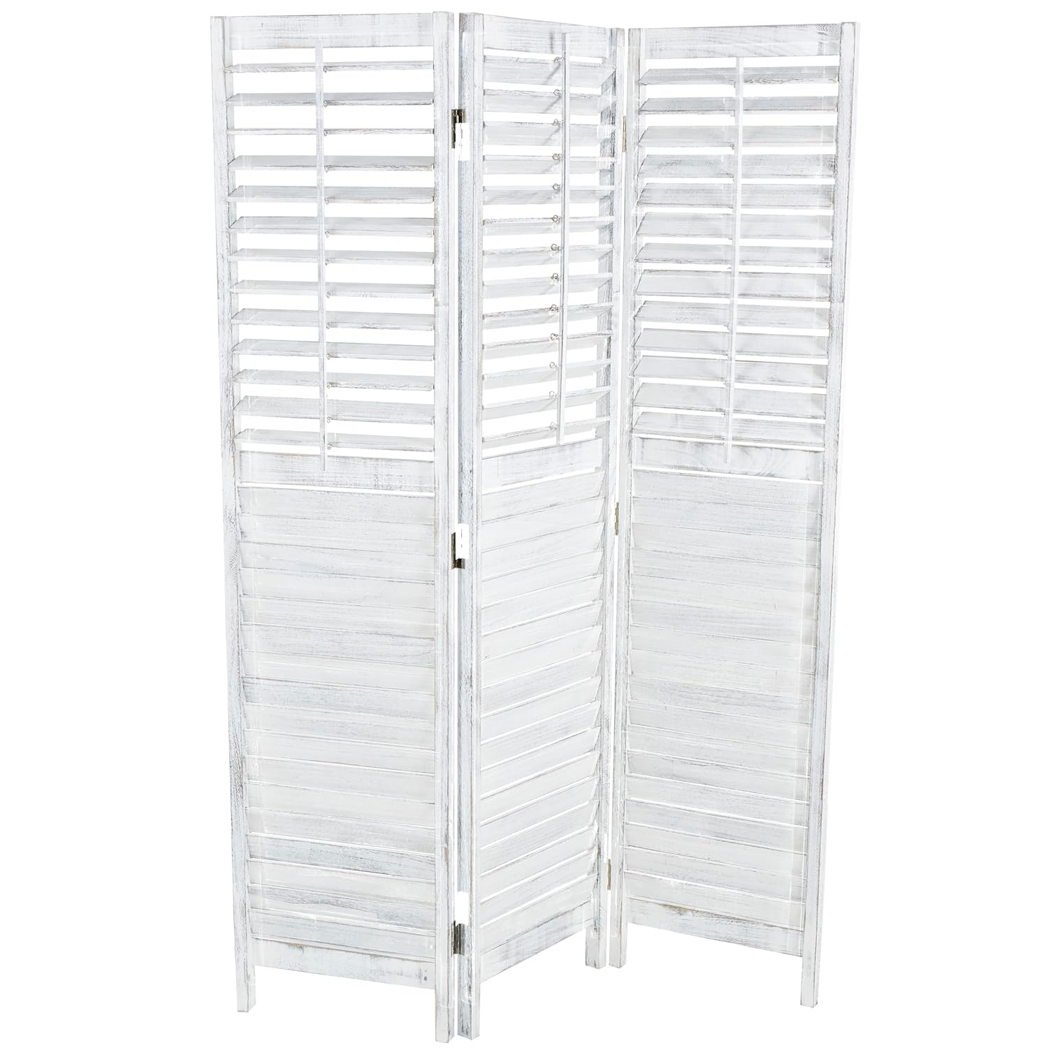 Deco 79 Wood Partition Room Divider Screen Washed Shutter Top 3 Panel Privacy Screen with Gray Distressing, Room Partition 47" x 1" x 67", White