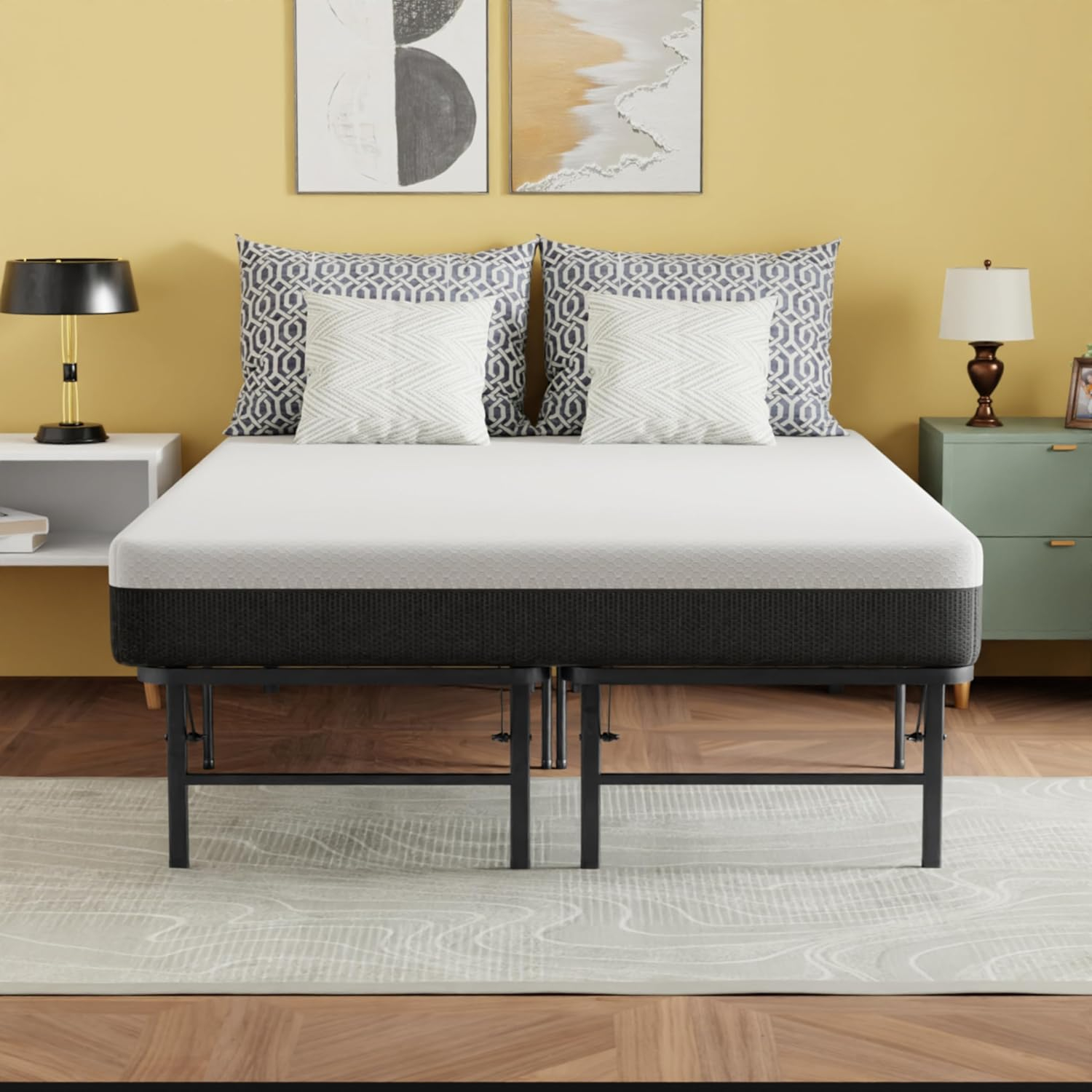 24/7 Shop at Home Aiso 14 Inch Metal Foldable Bed Frame Full Size, No Box Spring Required, Heavy Duty Bedframe with Storage Space Underneath, Sturdy and Non-Slip Slats Platform, Easy Assembly, Black
