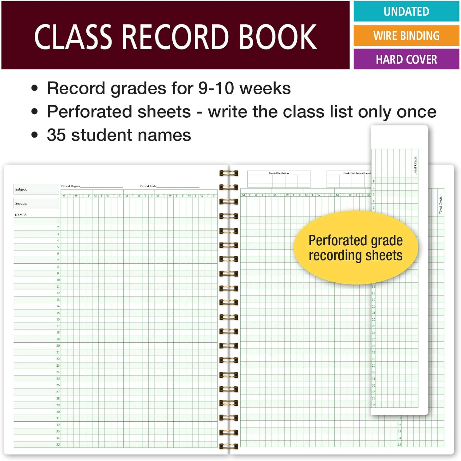 Elan Publishing Company Teacher Class Record Book for 9-10 Weeks, 35 Students, 8.5"x11" - Includes Bookmark, Seating Charts, Perforated Grading Sheets (Tree Seasons)