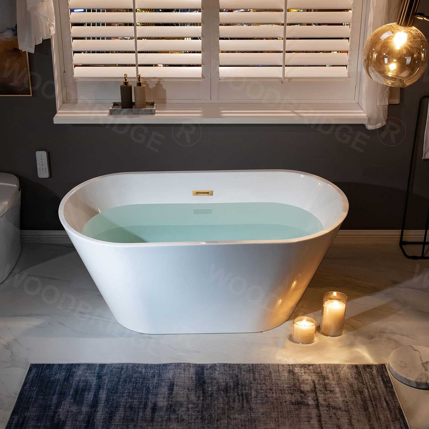 WOODBRIDGE 54" Acrylic Freestanding Bathtub Contemporary Soaking White Tub with Brushed Gold Overflow and Drain,B1702-BG