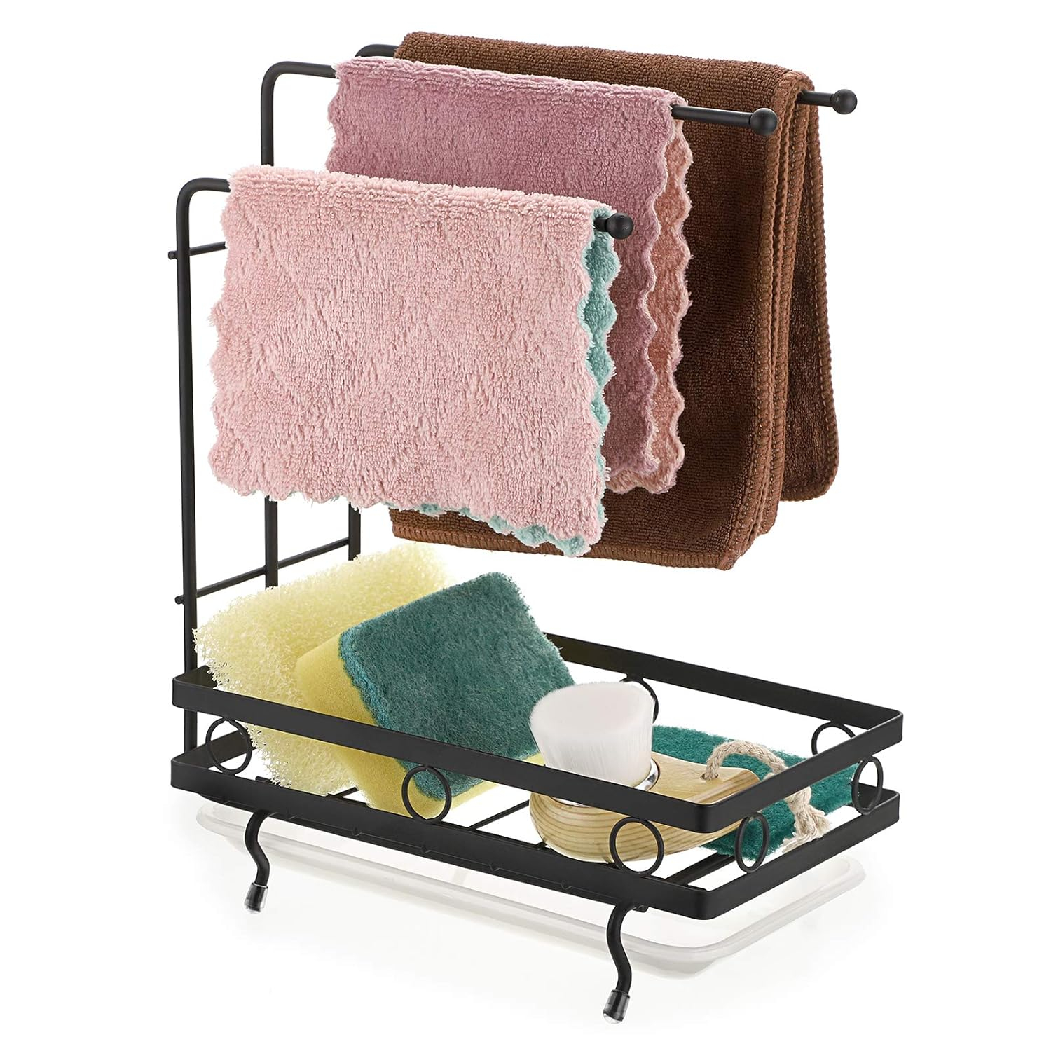 JUXYES Kitchen Sink Caddy Sponge Holder with Dishcloth Drying Rack, Kitchen Rag Stand Sponge Brush Soap Dish Dishcloth Rack Sink Storage Organizer for Kitchen Countertop (Black)