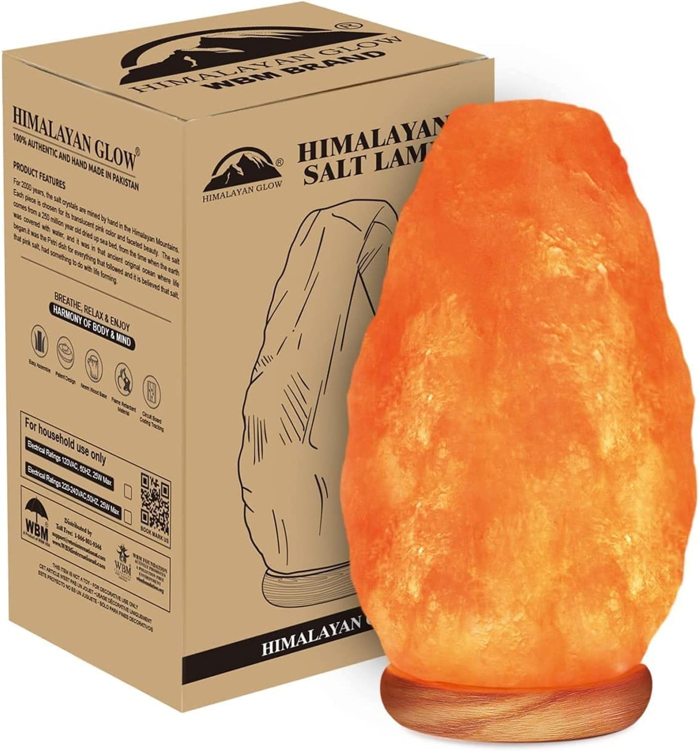 Himalayan Glow Natural Himalayan Salt Lamp with Dimmer Switch - All Natural and Handcrafted with Wooden Base – 6-8 lbs