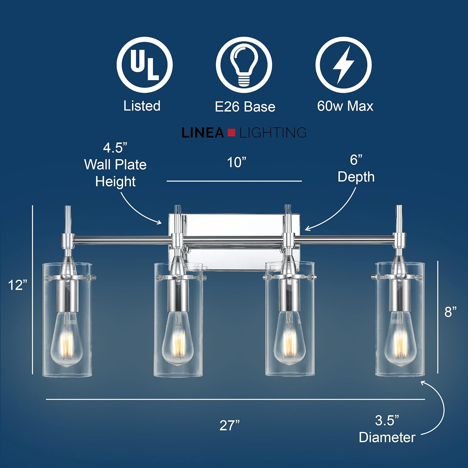 Linea di Liara Effimero Modern Farmhouse Bathroom Vanity Lights Fixtures 4 Lights Over Mirror Chrome Vanity Lights for Bathroom Light Fixtures Industrial Lighting Clear Glass Covers, UL Listed