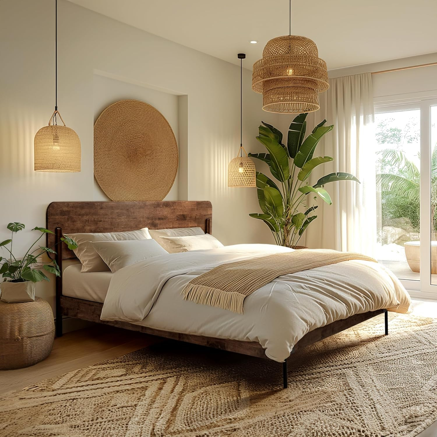 Acacia Frida King Size Bed Frame and Headboard, King Size Platform Bed Frame Scandinavian Wood Bed Compatible with All Mattress Types, Wood Slats Support, King Bed Frame Wood Bed Frame, Walnut