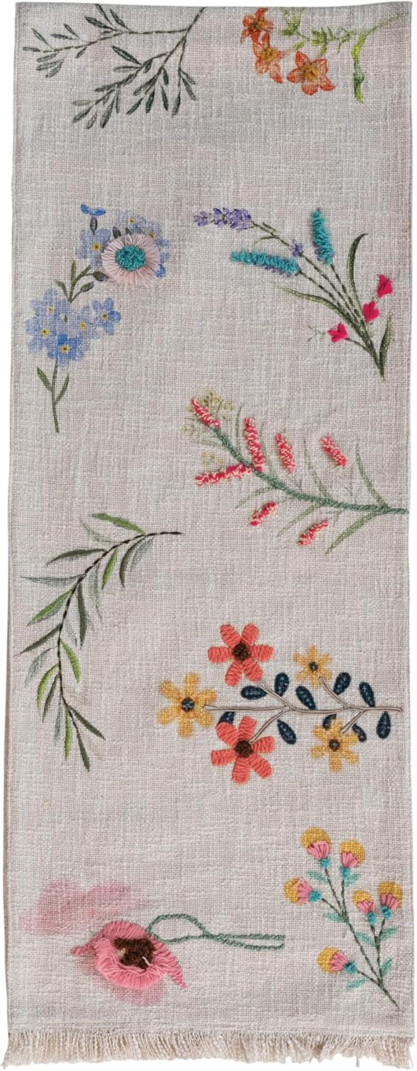 Bloomingville Long Slub Printed Rectangle Table Runner with Flowers, Embroidery and Fringe, Multicolor