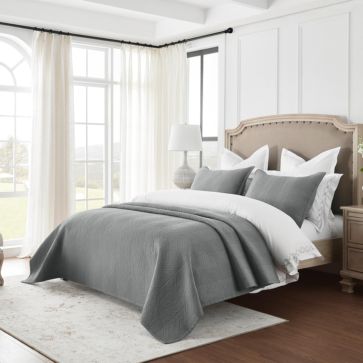Calla Angel Evelyn Stitch Chevron Luxury Pure Cotton Quilt, Gray, Chevron, 3 Pieces Queen Quilt Set
