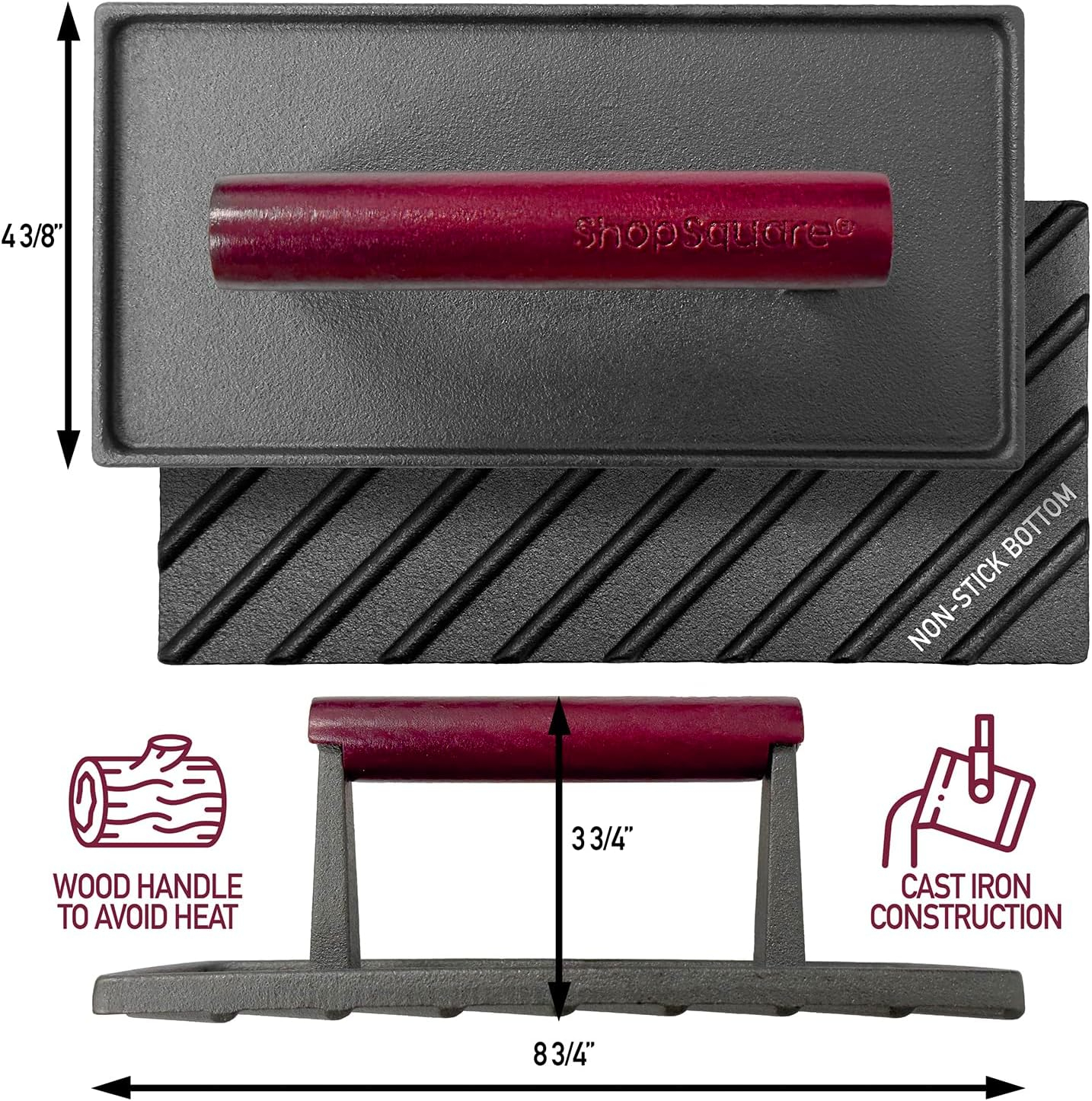 Rectangular and Round Cast Iron Grill Press with Red Wood Handle