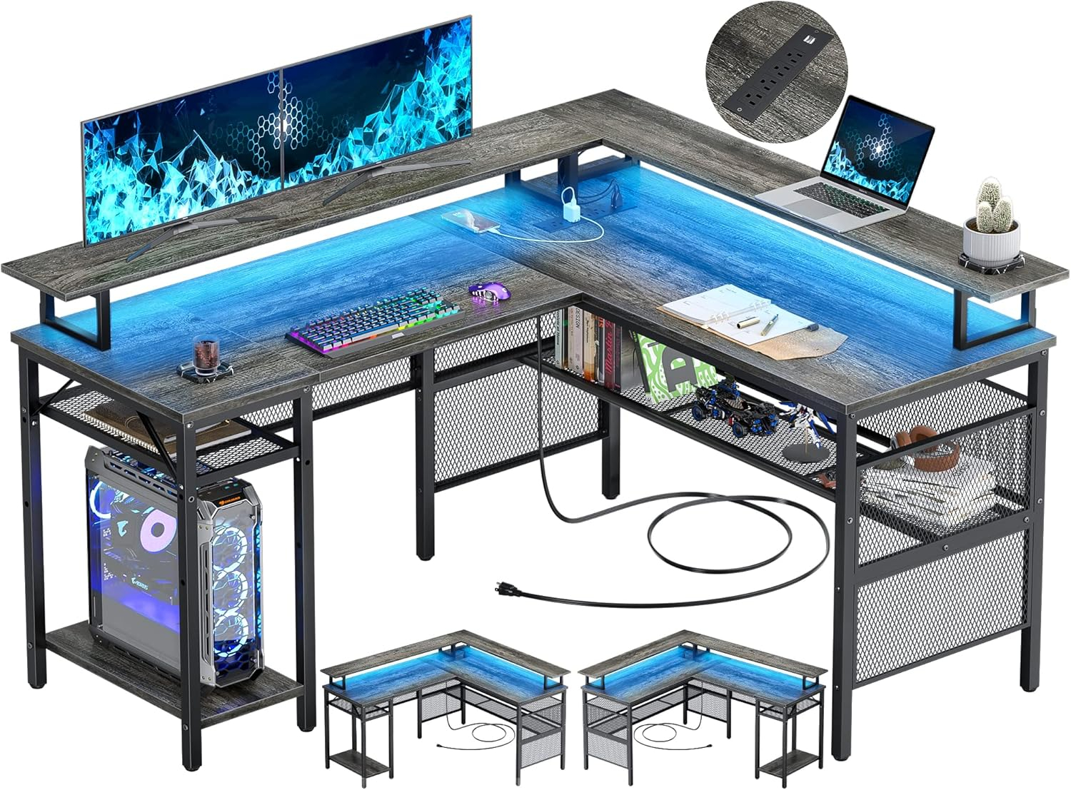 Unikito Reversible L Shaped Desk with Power Outlets and RGB LED Light, Sturdy Computer Desk with Ergonomic Monitor Stand and Storage Shelves, Corner Desk for Home Office, Easy Assembly, Black Oak