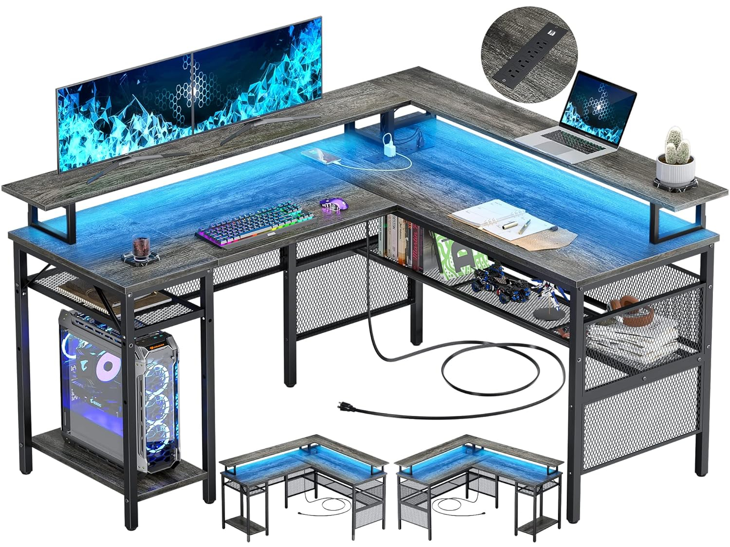 Unikito Reversible L Shaped Desk with Power Outlets and RGB LED Light, Sturdy Computer Desk with Ergonomic Monitor Stand and Storage Shelves, Corner Desk for Home Office, Easy Assembly, Black Oak