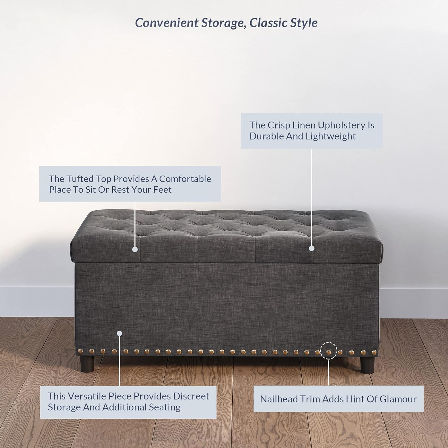 BELLEZE 35 Inch Storage Ottoman, Button-Tufted Ottoman Linen Storage Bench with Safety Close Hinge, Ottoman with Storage for Living Room, Entryway, Hallway, Foot Rest, Support 300lbs - Dark Grey